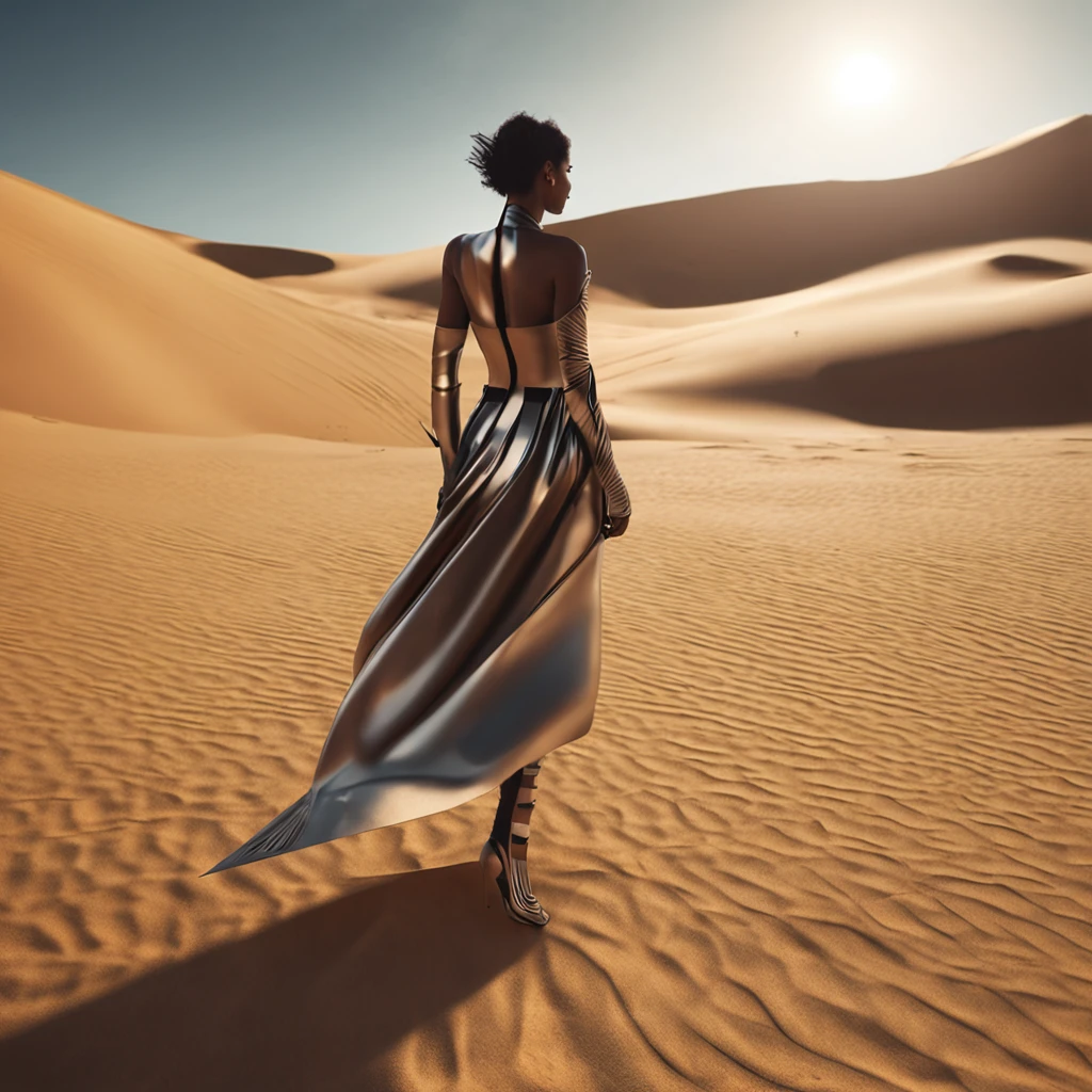Uma mulher bonita andando pelo deserto futurista, best quality, master part, ultrahigh-resolution, (fotografia realista:1.4), Surrealismo, Semelhante a um sonho,FusionArt, Shadow dancer, magia das sombras, Darkness Control, furtividade, passo da sombra, Umbral spells, hidden blade,