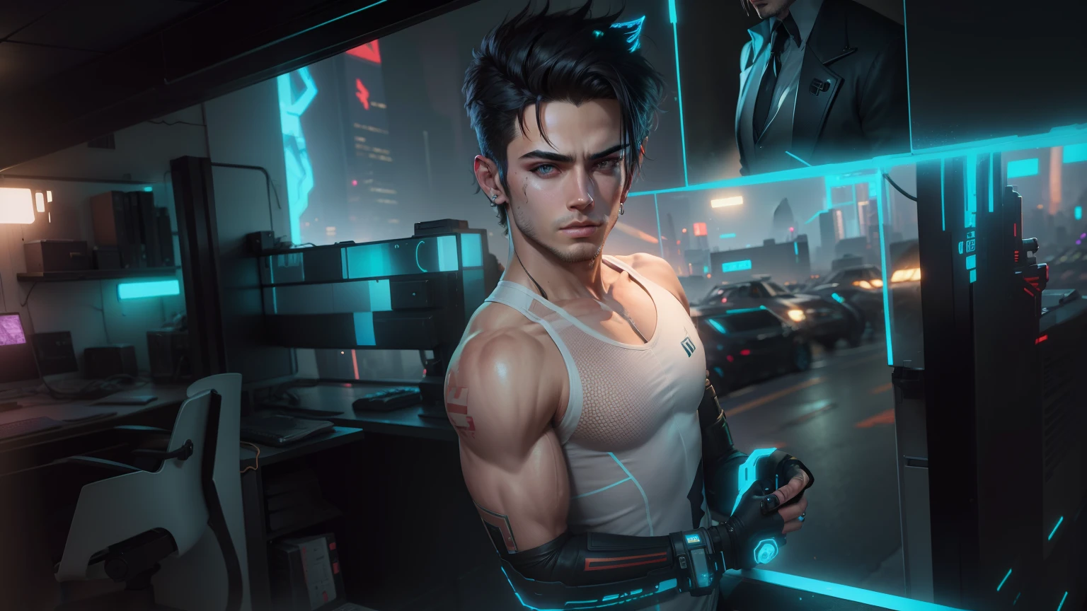 Change background cyberpunk handsome boy, realistic face, 8k, ultra realistic,