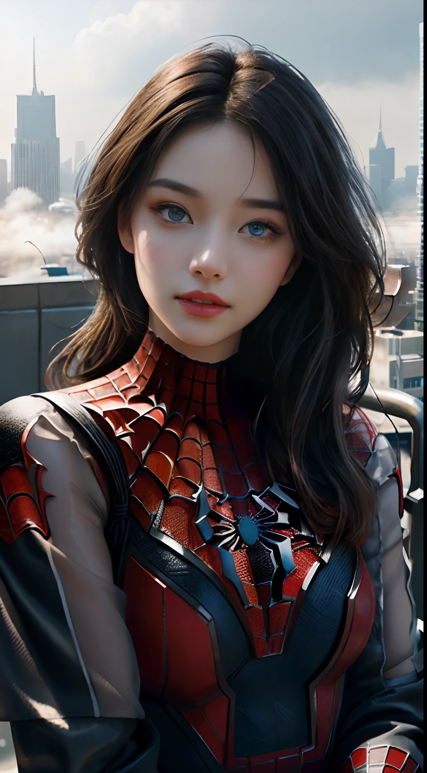 (A girl in a red and black Spider-Man suit lies on all fours on the edge of the building,Separate the legs,Butt up:1.4),The upper body is lying on the ground, solo, (((very detailled face))),((Very detailed eyes and face))),Beautiful Detail Eyes,Body parts__,official arts,统一的8k壁纸,is super detailed,Beautiful and beautiful,beauitful,master masterpiece,best best quality,primitive,master masterpiece,ultra fine photos,best best quality,Ultra High resolution,photorealistic realism,sunrays,fullbody portrait,stunningly beautiful,dynamicpose,Delicate Faces,Vibrant Eyes,Very detailed city roof background, Roof,overlooking the city,Detailed face,detailed complex busy background,untidy,Ornate,Milky White,Highly detailed skin,Realistic Skin Details,Visible pores,Crisp focus,volume fog,8k uhd,digital SLR camera,high quallity,filmgrain,Fair Skin,Photo realism,iustration,A huge metropolis of the dystopia of the future, translucence