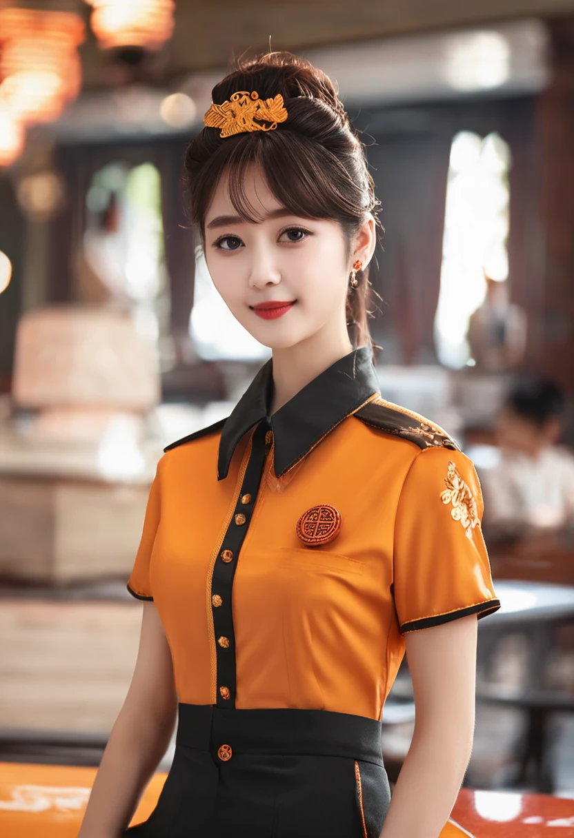 New Chinese uniform design,Orange-yellow tone shirt,service industry。
