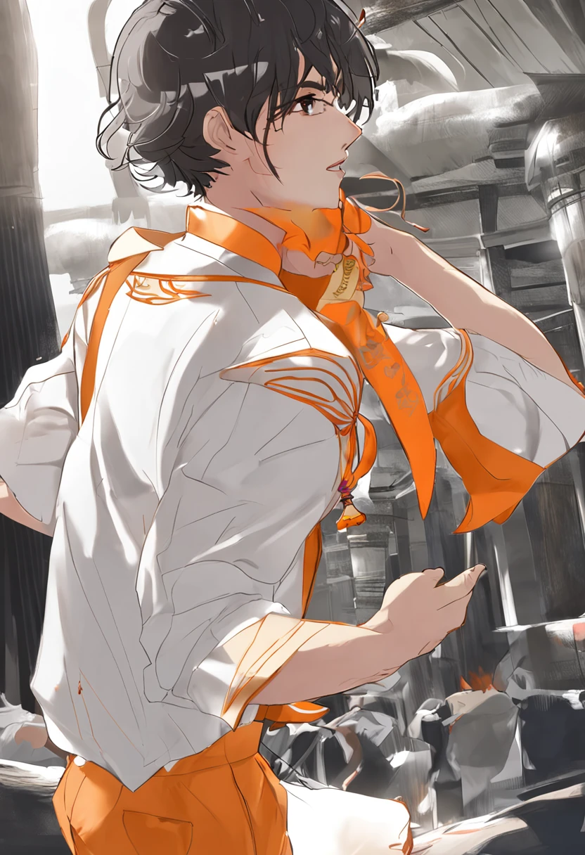 New Chinese uniform design,Orange-yellow tone shirt,service industry。
