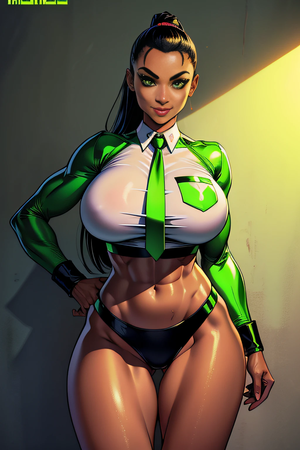 1. Alafe Street Fighter、Metallic Lime Green and Metallic Black Martial Arts Uniform、Big breasts about to burst、Shirt with metallic white breast pockets、breasts pocket、neck tie、thin and long legs,、Pose ready to fight、Fitness Model、musculature、abdominals、Height 175cm、skin tanned、glistning skin、Cool smile、full-body view、