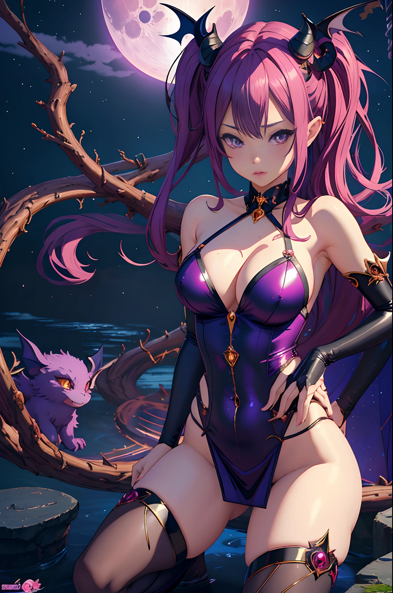 master-piece,hyper quality, hyper detailed,perfect drawing,CG,3D,8k,illustration、Hi-Res、Anime girl in purple lingerie with bat and full moon, a beautiful succubus, Seductive Anime Girl, anime monster girl, vampire girl, demon anime girl, succubus in tight short dress, Artorian Pendragon, beautiful vampire queen, Succubus, Monster Girl, beautiful alluring anime woman, flirty anime witch casting magic, Ecchi, mika kurai demon, monstergirl