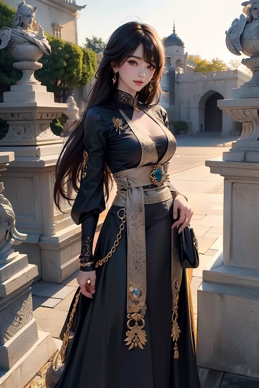 ((top-quality、masterpiece、photographrealistic:1.4、8K))、1 beautiful detailed girl、extremely detailed eye and face、beatiful detailed eyes、(Princess of Makai in fantasy style black dress)、Luxury accessories、Elegant smile、(Walking outside、Castle with eerie stone statues and background)、Beautiful lighting、Textured skin、Super Detail、high detailing、High quality、hight resolution、(looking at the viewers)、demon realm