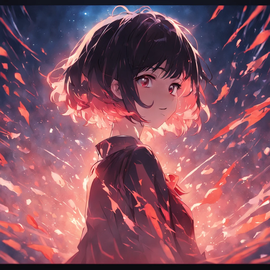 (Short hair girl)High-quality images depicted in detail,Dynamic pose,Focus on facial features,Roses as background,the Sun Shining,black color hair,looking to the camera
