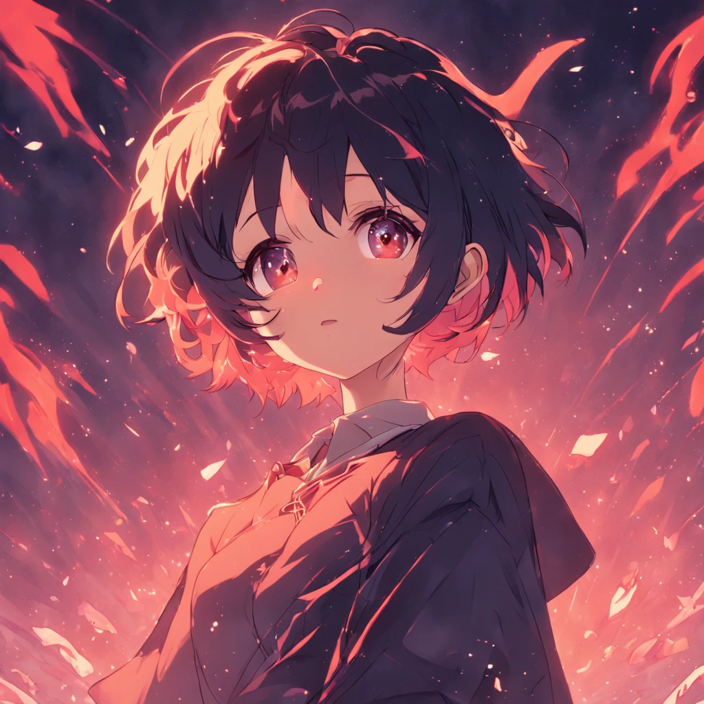 (Short hair girl)High-quality images depicted in detail,Dynamic pose,Focus on facial features,Roses as background,the Sun Shining,black color hair,looking to the camera
