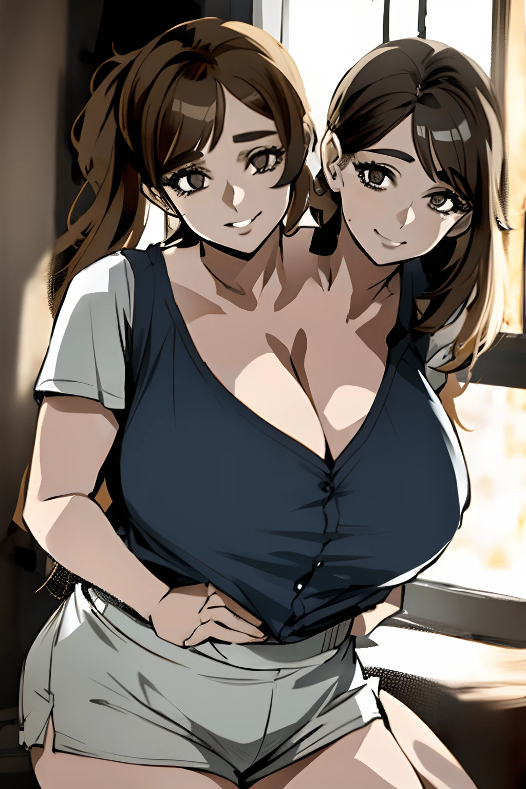 2heads, a fat woman with two heads. She has enormous breasts. She is in a well-lit bedroom with a window. She is laughing. She is flirty. She is wearing an unbuttoned blouse and sport shorts. She is touching her breasts. She has enormous boobs. She is chubby. Massive breasts. She looks mature. She is extremely short. She is extremely fat. She has massive fat breasts. She has long straight brown hair in a ponytail. She looks very young. She has very big and full lips.