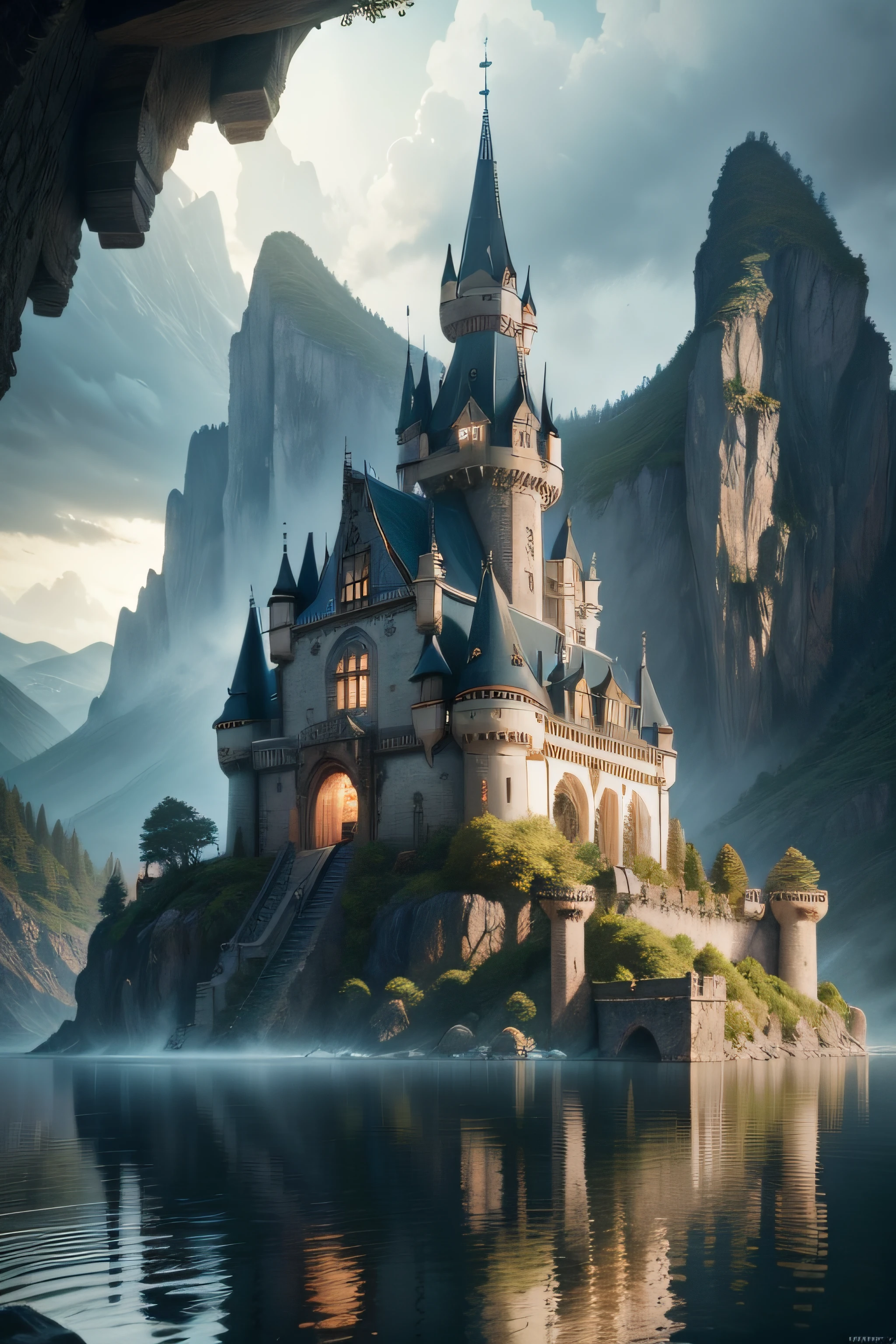 castle surrounded by water and nature, village, volumetric lighting, photorealistic, detailed and intricate, fantasy, epic cinematic shot, mountains, 8k ultra hd