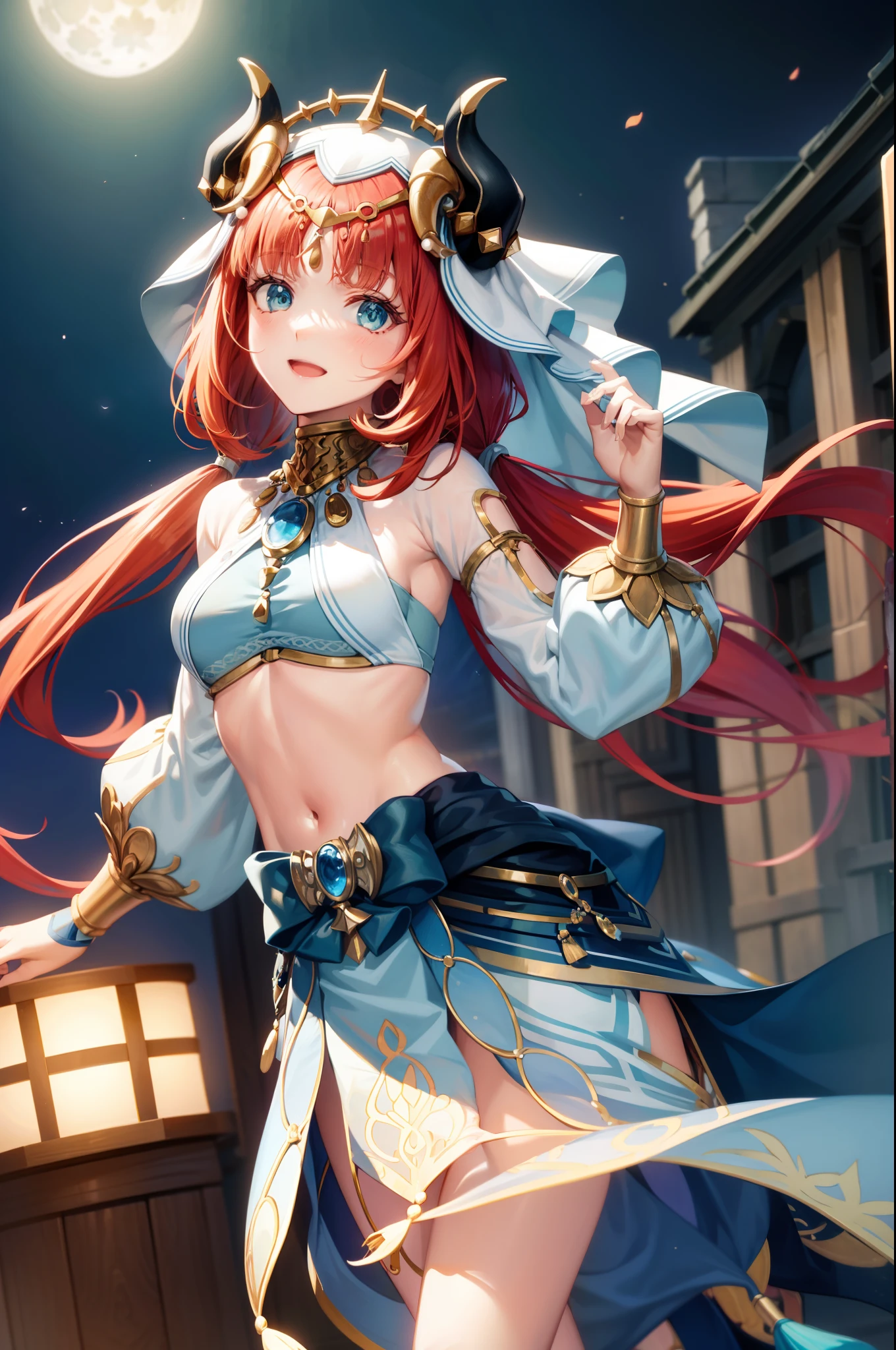 (Realistic painting style:1.1), masterpiece, best quality,  absurdres, nilou (neither flower nor mist) (genshin impact), aqua eyes, nilou (genshin impact), fake horns, 1girl, solo, red hair, veil, smile, moon, long hair, crop top, jewelry, horns, night, bracer, brooch, long sleeves, puffy long sleeves, looking at viewer, skirt, bangs, twintails, water, puffy sleeves, sky, neck ring, open mouth, :d, full moon, night sky, flower, harem outfit, gold trim, parted bangs, arm up, breasts, circlet, outdoors, blue skirt, hair ornament, detached sleeves, low twintails, floating hair, gem, hair flower, blue gemstone, hand up, dancer, white headwear, small breasts, stomach, midriff, cowboy shot, blue bow, very long hair