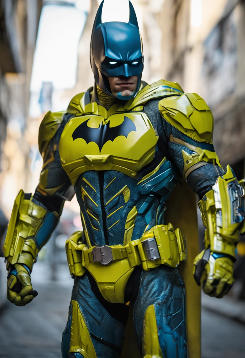 Um batman verde, amarelo e azul, brasileiro, realistic in a titanium cybernetic suit, detalhado, designe perfeito, alta qualidade arestas perfeitas e simetricas ::n_desenho de estilo, Low-quality imperfection, boneco, jogo, anime