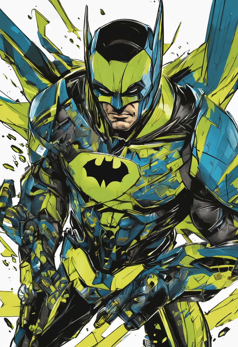 Um batman verde, amarelo e azul, brasileiro, realistic in a titanium cybernetic suit, detalhado, designe perfeito, alta qualidade arestas perfeitas e simetricas  ::n_desenho de estilo, Low-quality imperfection, boneco, jogo, anime