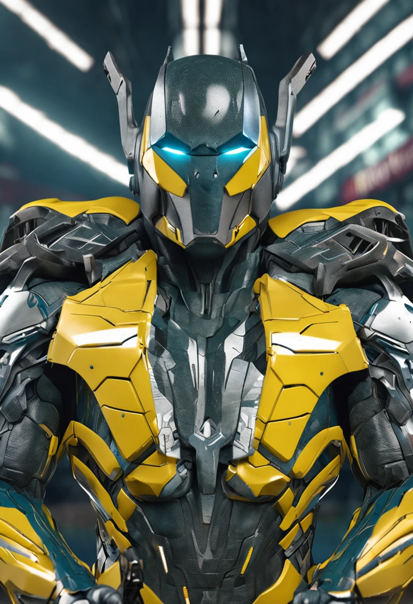 Um batman verde, amarelo e azul, brasileiro, realistic in a titanium cybernetic suit, detalhado, designe perfeito, alta qualidade arestas perfeitas e simetricas ::n_desenho de estilo, Low-quality imperfection, boneco, jogo, anime