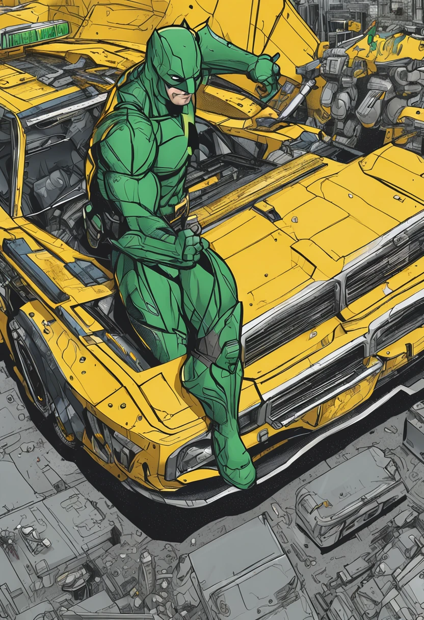 Um batman verde, amarelo e azul, brasileiro, realistic in a titanium cybernetic suit, detalhado, designe perfeito, alta qualidade arestas perfeitas e simetricas ::n_desenho de estilo, Low-quality imperfection, boneco, jogo, anime