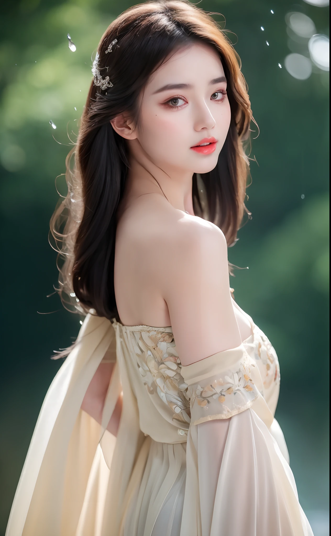 ((Best Quality, 8k, Masterpiece: 1.3)), Focus: 1.2, Perfect Body Beauty: 1.4, Buttocks: 1.2, ((Layered Haircut)), (Wet Clothes: 1.1), (Rain, Street:1.3), (Breasts: 1.2), (Hanfu: 1.2), Bare Shoulders, Bare Legs, Highly Detailed Face and Skin Texture, Fine Eyes, Double Eyelids, Whitened Skin, Long Hair, (Shut Up: 1.5), (Bokeh Background: 1.5), Big Breasts