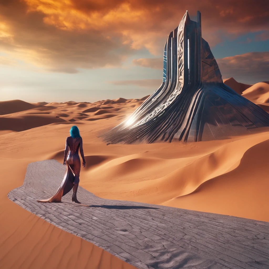 Uma mulher bonita andando pelo deserto futurista, melhor qualidade, master part, ultrahigh-resolution, (fotografia realista:1.4), Surrealismo, Semelhante a um sonho,FusionArt, Shadow dancer, magia das sombras, Darkness Control, furtividade, passo da sombra, Umbral spells, hidden blade, neon envolta da mulher