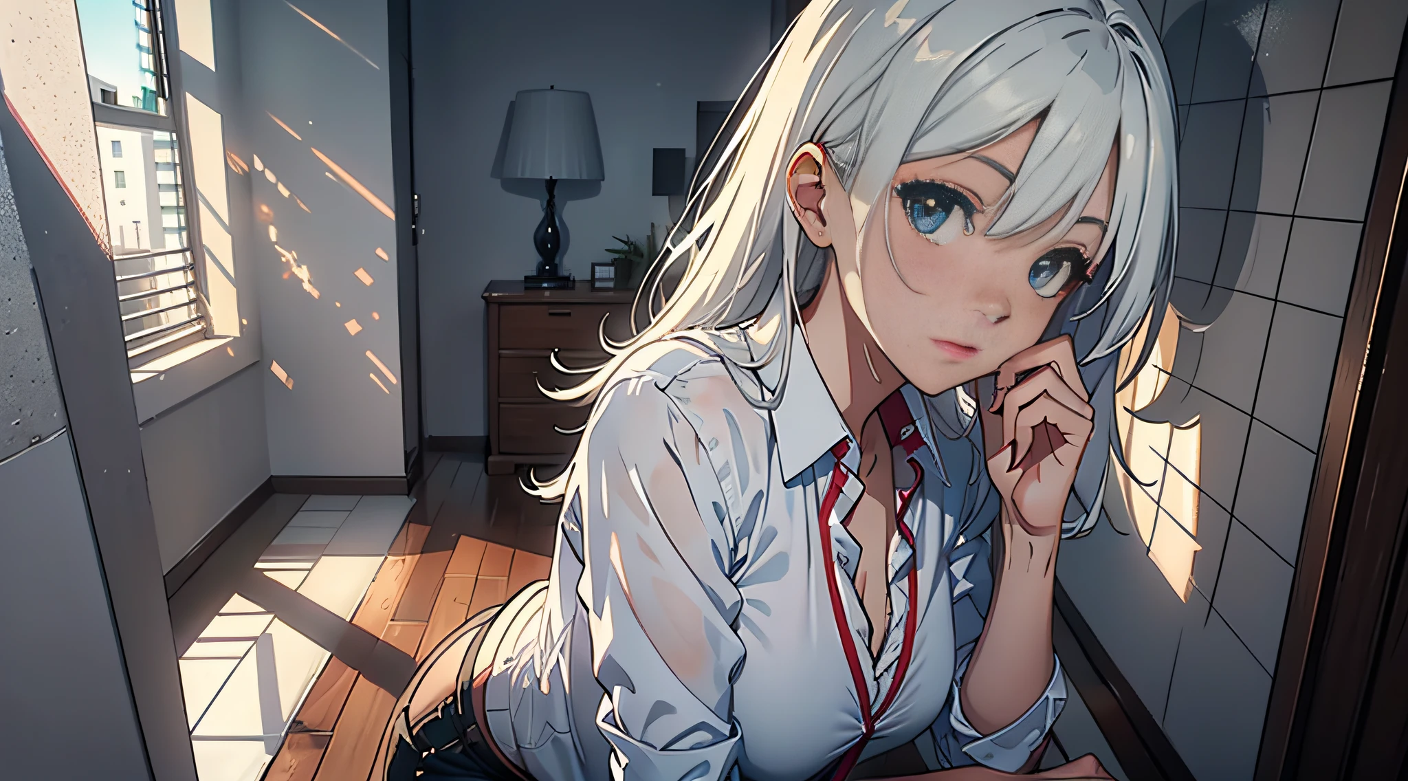 "(1 mulher bonita), sedutora, Cabelo branco, olhos detalhados, Camisa transparente, (Estilo anime 8k), (imagem ultra detalhada), (corpo grande), (seios grandes), (quadril grande), (corpo meticulosamente detalhado, with amazing textures and shadows), Different scenarios in an apartment, deitada.