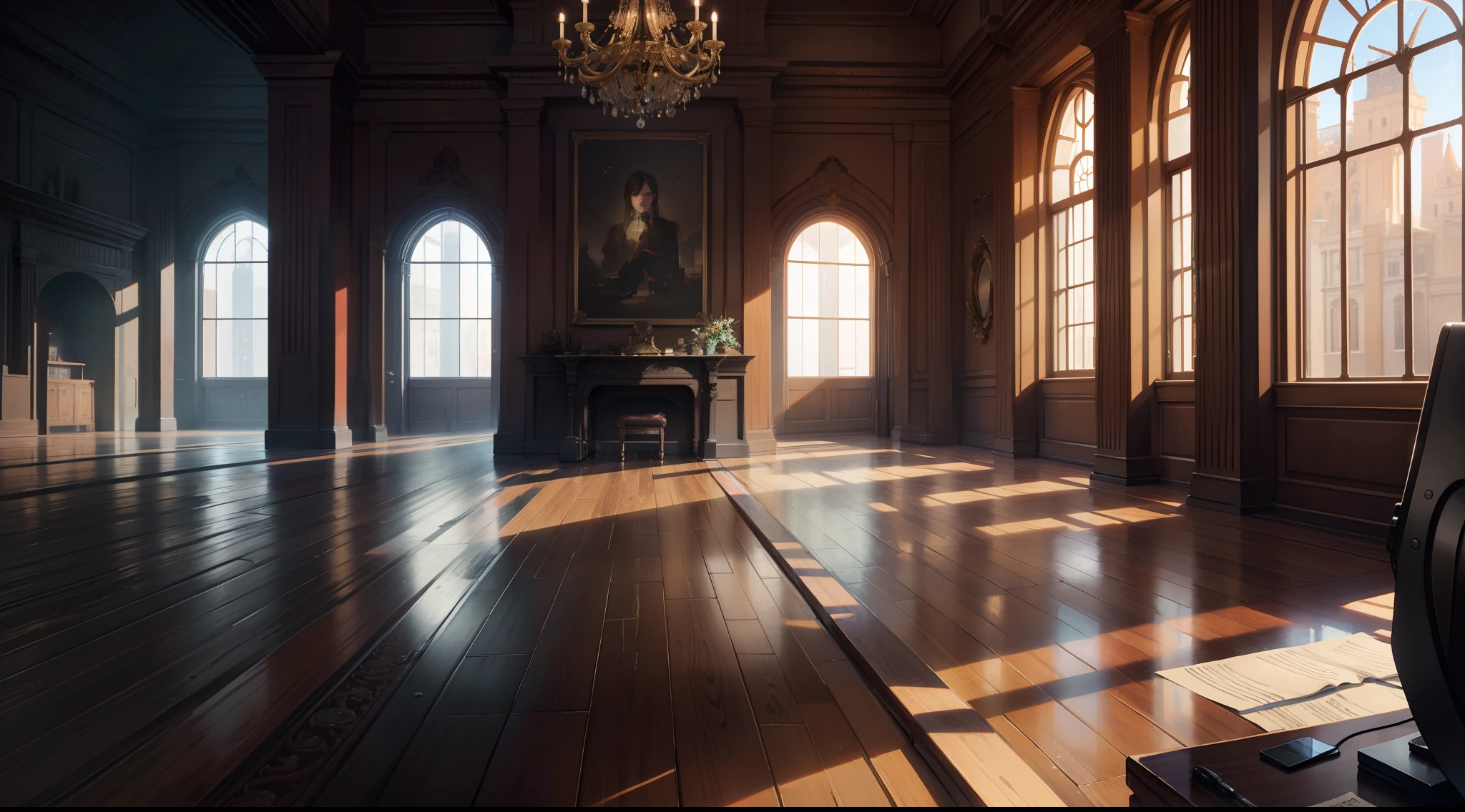 shot from front、Office、The whole picture、Quite large room、Quiet room、masterpiece, top-quality, in 8K , intricate detailes, ultra-detailliert , light Particle、32K Digital Paint, Hyper-Realism, No background