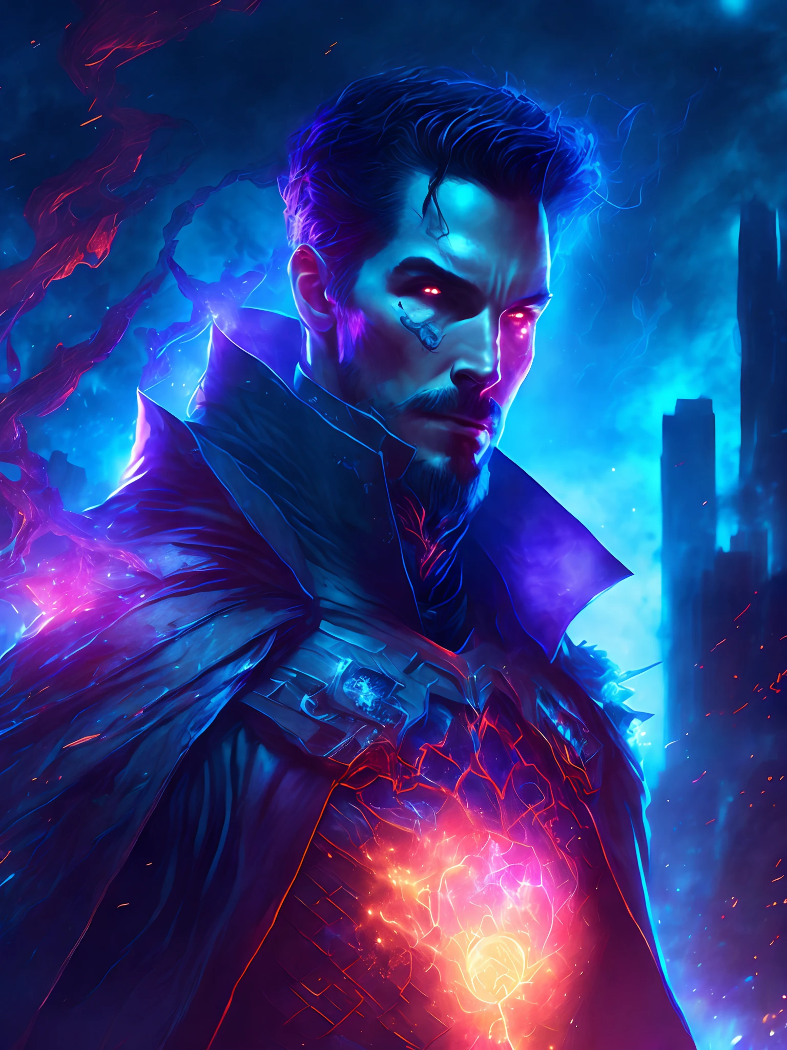 Retrato sombrio do Doutor Estranho Zumbi da Marvel, extremamente detalhado, futuristic cityscape, noite, glowing neon lights, smoke billowing, Sparks, Metal shavings, Detritos voadores, efeitos da energia azul, volumetric light