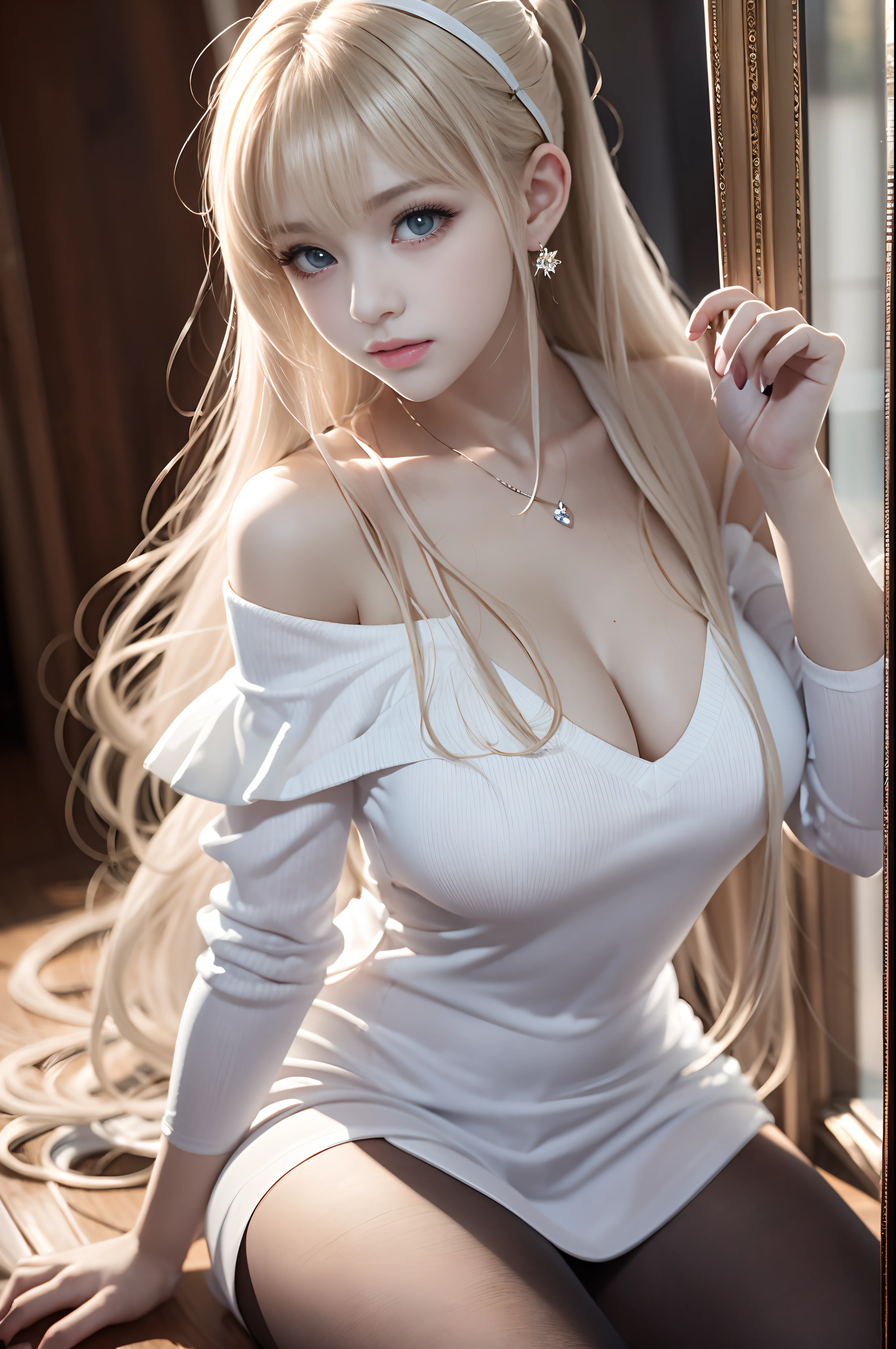 bright expression、Young shiny shiny white shiny skin、Best Looks、Blonde reflected light、Platinum blonde hair with dazzling highlights、shiny light hair,、Super long silky straight hair、Beautiful bangs that shine、Glowing crystal clear attractive big blue eyes、Very beautiful nice cute girl、Lush bust,Beautiful detailed eyes, beautiful detailed nose,(( Full body:1.5)),Makeup that the eyes emphasize、,(Women like Joan of Arc)、Royal style,Comic style, , Sub-surface scattering, ornate detail, nature backdrop, Hyper-realistic, ((Cinematic)), Dramatic Lighting, masutepiece、((Off-the-shoulder white shirt dress:1.4))、((Fight on the battlefield))、(Loose and fluffy perm:1.4)、1 girl in、((Bob Hair:1.3))、Ultra realistic 8K CG, Picture-perfect face, flawless, clean, masutepiece, Professional artwork, famousartwork, Perfect face, Beautiful face, Beautiful eyes, ((Perfect female body)), Solo,(Immersive atmosphere, Chiaroscuro:1.5,Bright light:1.2,Luminous lighting),(blush:0.5),fascinated expression,Extremely detailed_Eyes,thick thighs,Large breasts,beautifullydetailedbackground,depth of fields,Realistic:1.3, longshot,Sitting, Full body, (ambient lights:1.3),(Cinematic composition:1.3),(Neon light:0.1),(nffsw:0.1),Accent Lighting, pantyhose,Dynamic poses