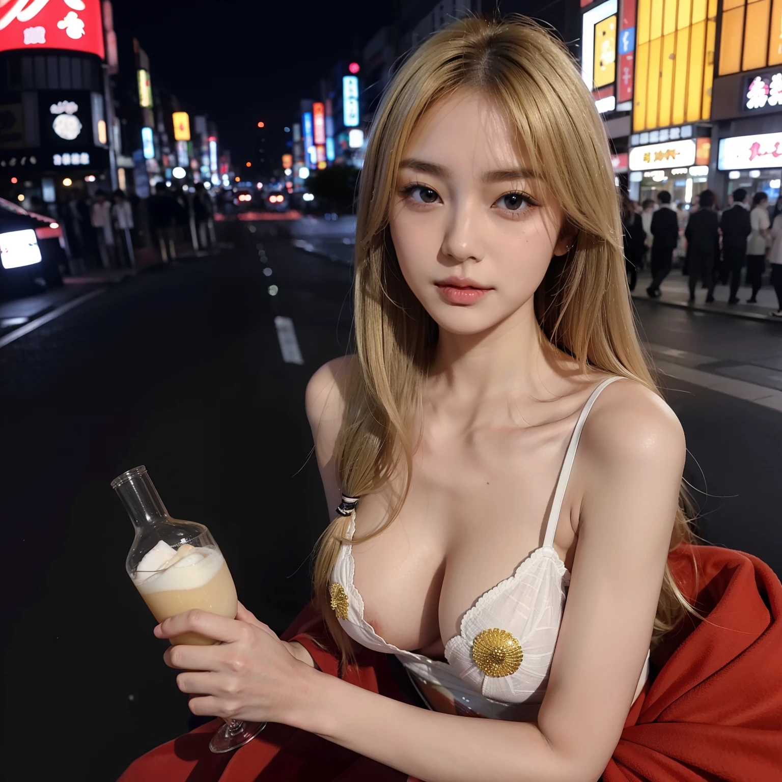 Photos showing nipples,Drink alcohol,Japan beauties,Hairstyle is blonde semi-long hair,The face is small and round,high nose and double eyes,night view of Tokyo,Breasts are big.