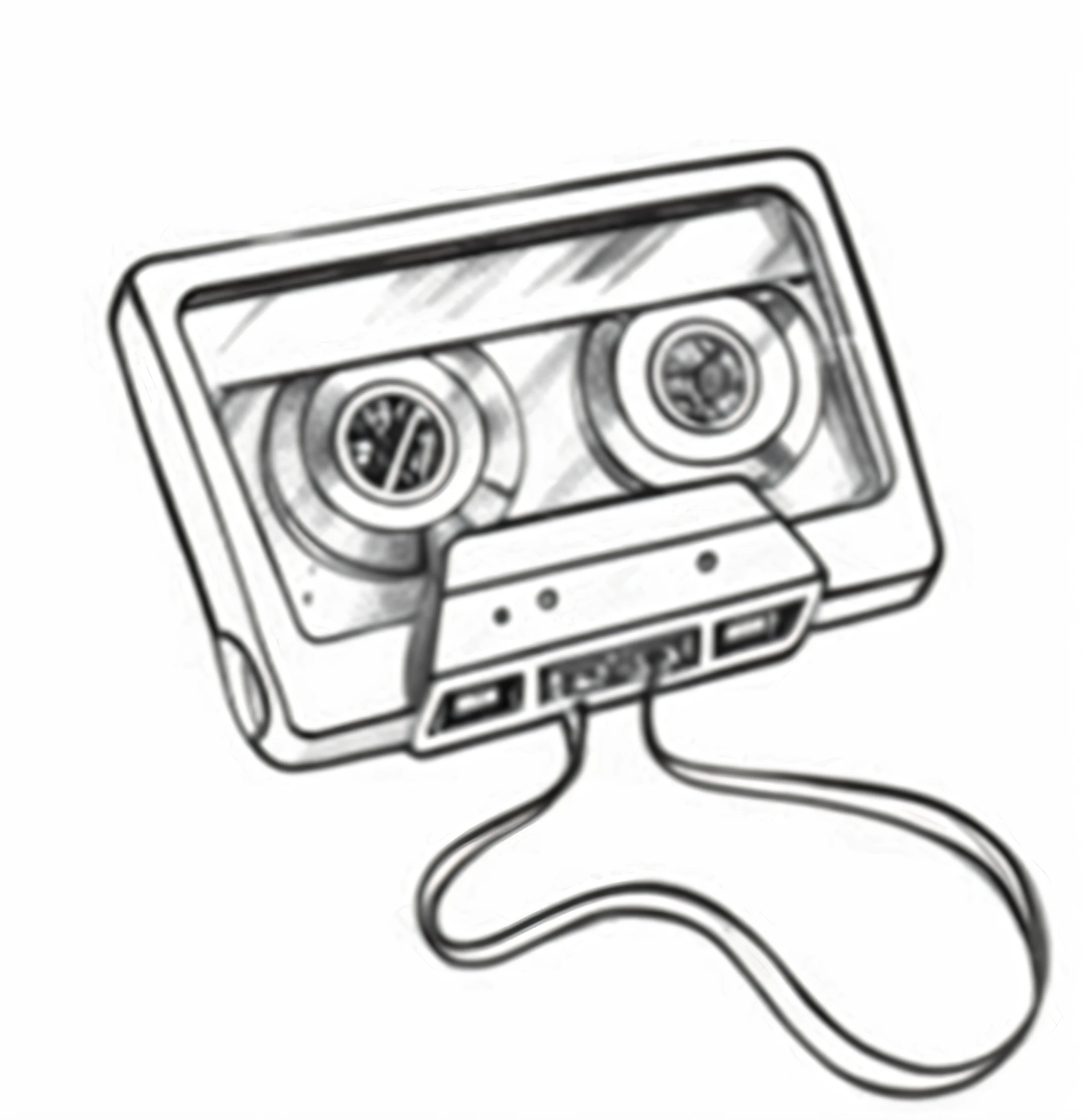 a drawing of a cassette player with a handle around it, fita, fita antiga, cassette, Deck de fitas, fita usada, futurismo em, futurista, fita granulada, high quality sketch, hand drawn illustration, Highly detailed sketch, sketch illustration, fita de videocassete, in gray paper sketch ink style, Casas de futurismo, imagem desenhada, artistic rendering, old sketch, em preto e branco.