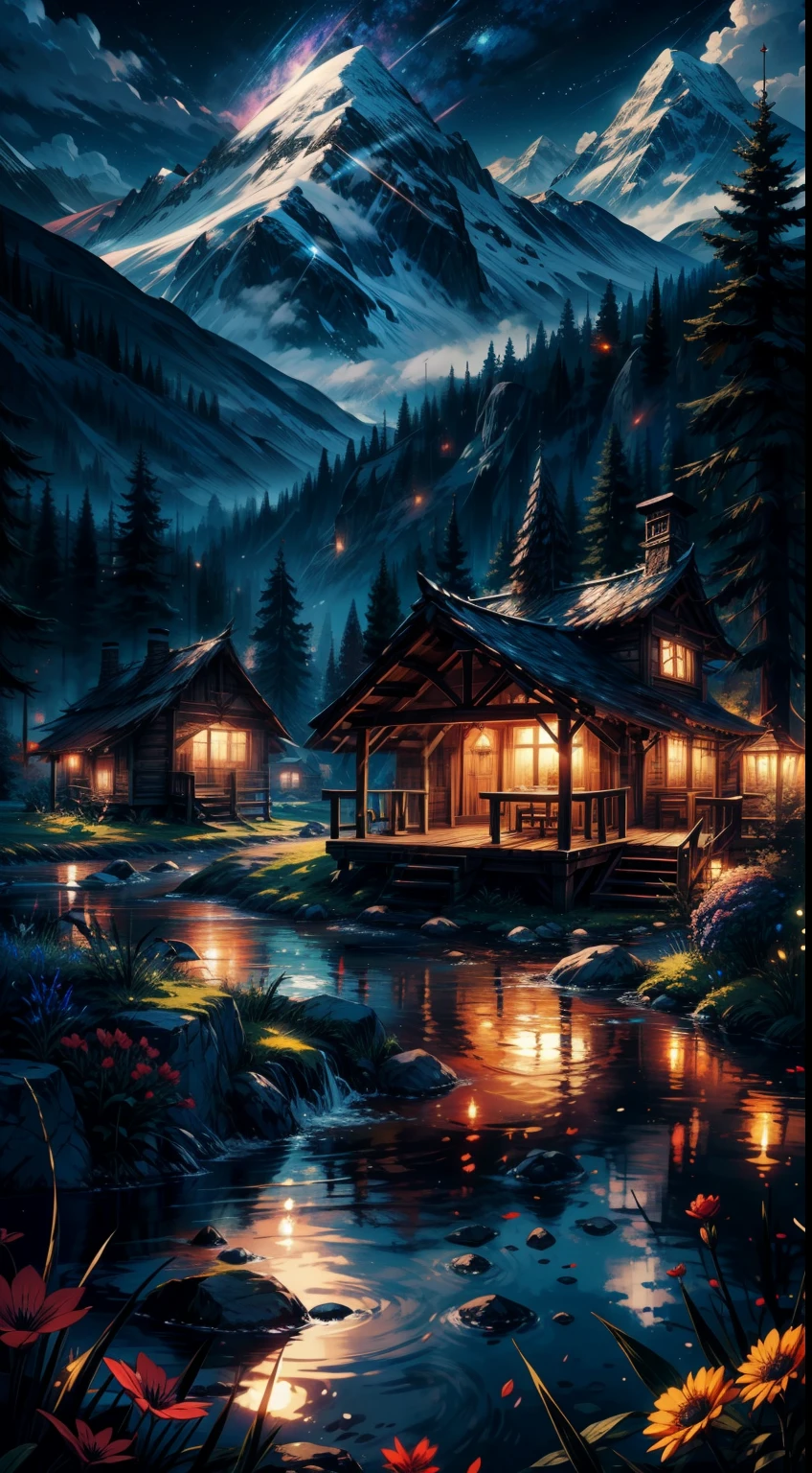 gorgeous, masterpiece, best quality, landscape, highres,4k, wallpaper, trace lights, mountains, intricate, detailed, BREAK mediaval, camp, florest, houses, magical, magic, no_humans, hut, flowers, busy, rpg, lord of the rings, cozy peace,peaceful, stunning view