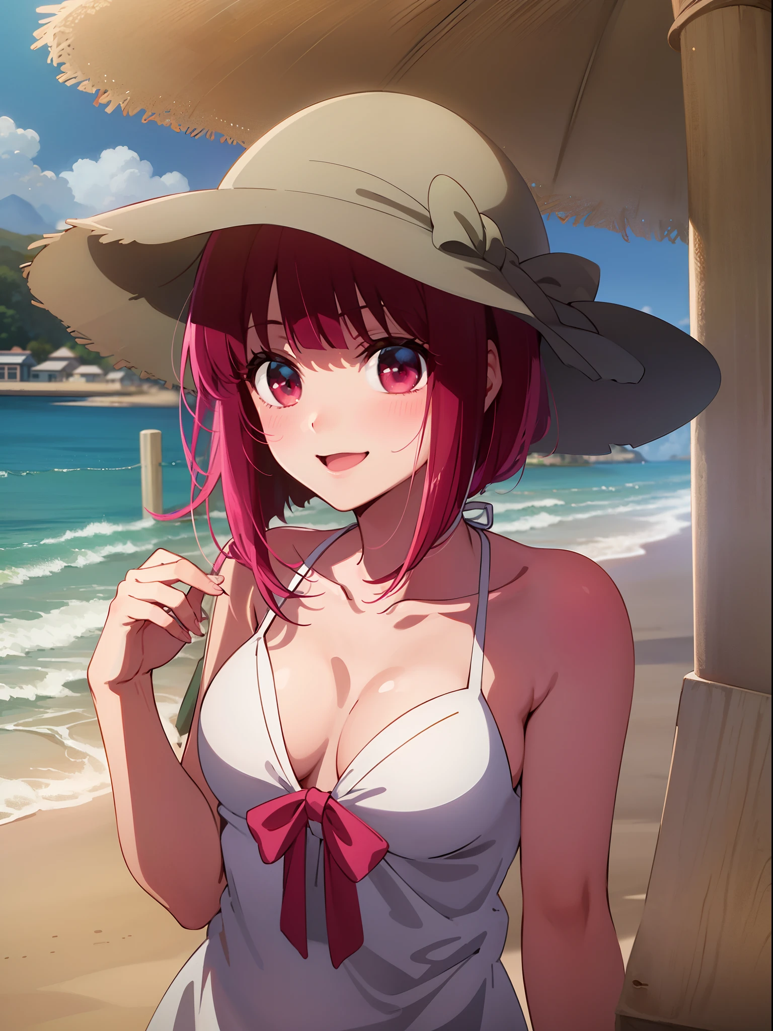 ​masterpiece、ighly detailed、(1 girl in:1.2)、Red hair、big eye、a closeup、A smile、8K、short-hair、(((anime styled)))、Shining eyes、Open your mouth、White Bikini、the beach、a straw fedora hat