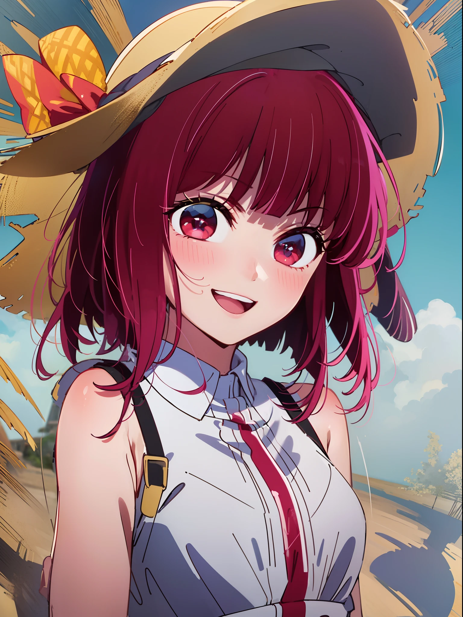 ​masterpiece、ighly detailed、(1 girl in:1.2)、Red hair、big eye、a closeup、A smile、8K、short-hair、(((anime styled)))、Shining eyes、Open your mouth、(((White dress)))、the beach、a straw fedora hat