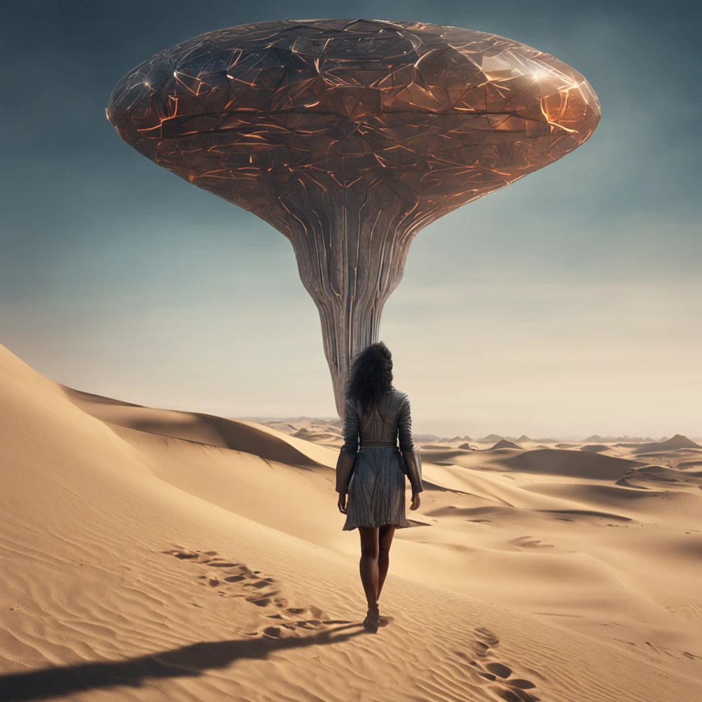 Uma mulher bonita andando pelo deserto futurista, melhor qualidade, master part, ultrahigh-resolution, (fotografia realista:1.4), Surrealismo, Semelhante a um sonho,FusionArt, Shadow dancer, magia das sombras, Darkness Control, furtividade, passo da sombra, Umbral spells, hidden blade,