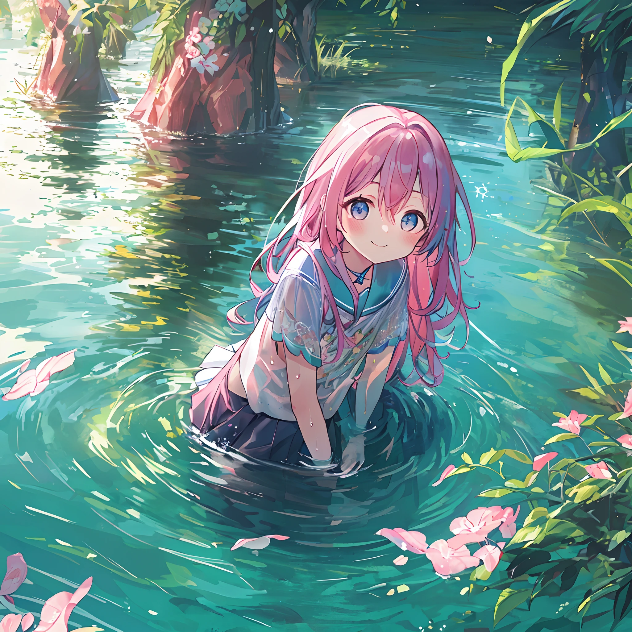 absurderes, hight resolution, (Anime style:1.1), ((masutepiece)), ((Best Quality)), (Ultra-detailed), (Beautiful), 独奏, Beautiful face、(liftup),ar old、e little tanding kneeling in the water of a beautiful lake deep in the forest,Wind,Pink colorful hair, Colorful eyes,Cute summer casual clothes,Blue sky,Closed eyes,Looking at Viewer,Lens Flare,Dramatic, Coastal、(Lifted skirt:1.3)、A smile、I'm surprised that the water is cold、(Clothes get wet and see-through:1.1)、Bare legged
