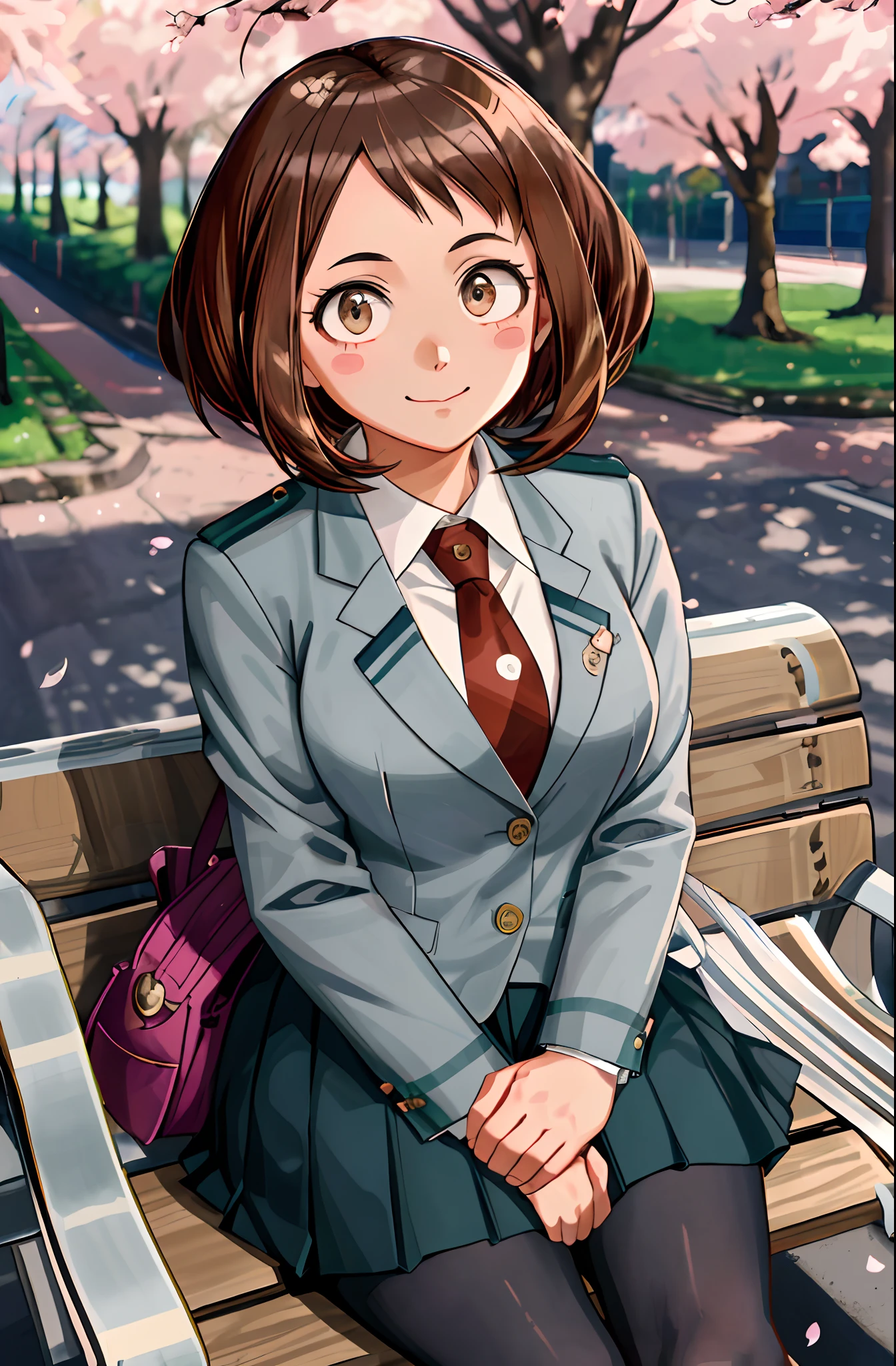 [Ochako Uraraka; boku no hero academia], ((master part)), ((retrato solo)), ((fofo)), ((High definition)), ((anime)), ((Kohei Horikoshi)), ((sombreamento detalhado)), ((detalhes intrincados)), [Ochako; (bochechas coradas, grandes olhos castanhos redondos, cabelos castanhos curtos, short eyelashes, peitos grandes, beautiful legs), {(Uniforme escolar); blazer cinza, camisa branca, Gravata Vermelha, yellow buttons, saia azul curta), (black transparent pantyhose)}, (sorriso bonito)], {(sentado no banco, (Olhando para o Viewer), (hands in lap)}, [Background Story; (fora do dia; escola, ensolarado, cerejeiras em flor, sun rays through trees)]