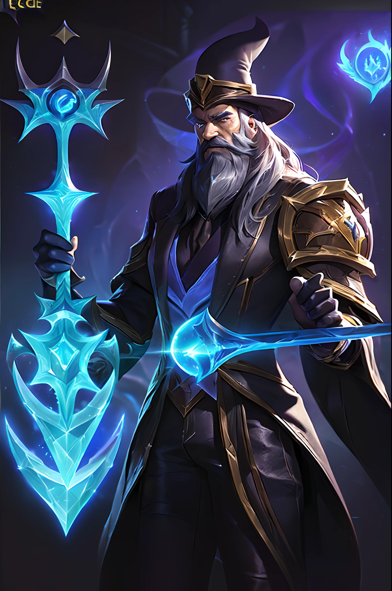 (League of Legends:1.5), blueprint A wise old wizard conjures a glowing spell with his wooden staff.

Items and gear listed on the side:
- Long grey beard
- Pointed hat 
- Mystical robes
- Wooden staff
- Magic spell