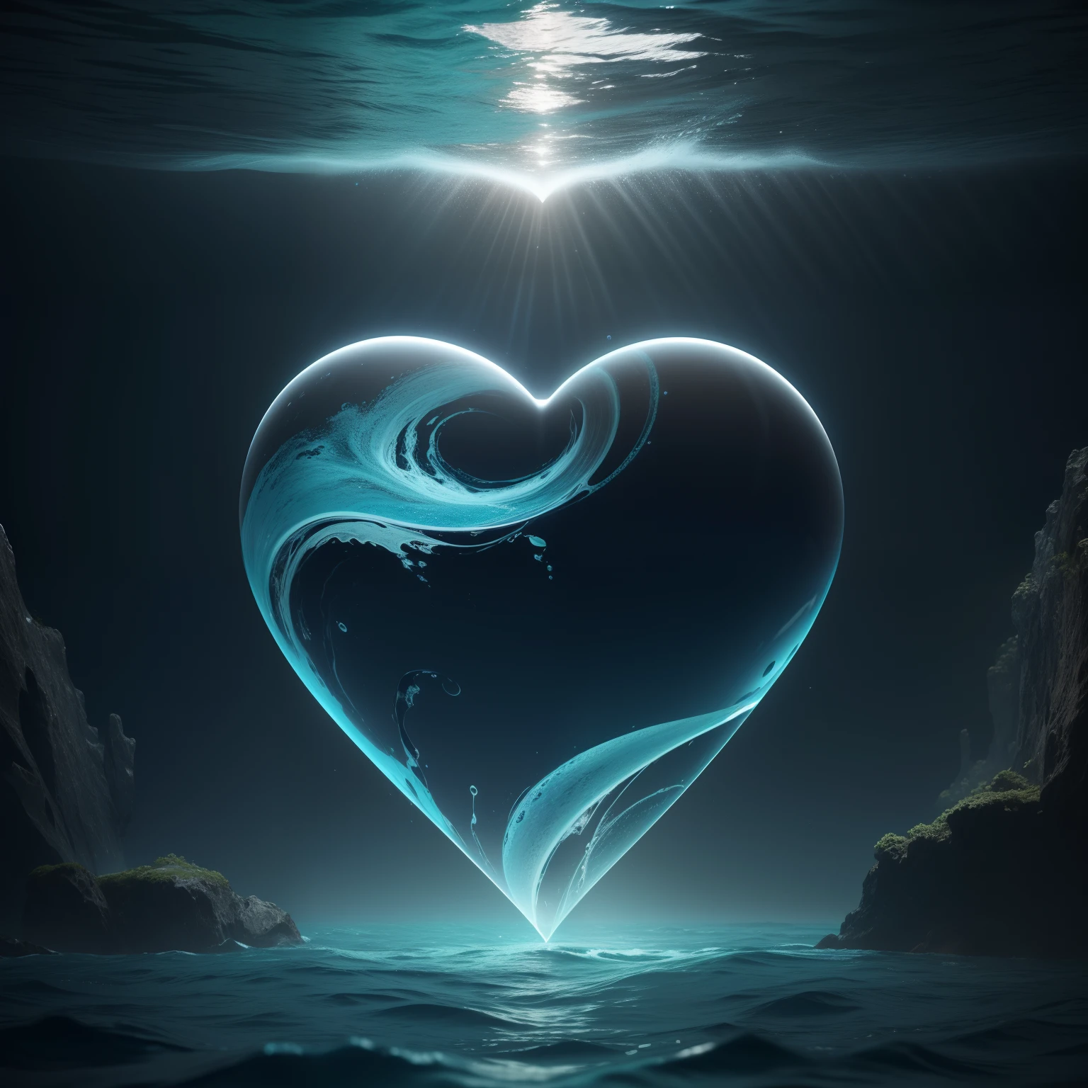 A heart with an ocean inside, heart with an ocean inside, Surrealist heart, Arte de Fantasia, Cinema 4D, tinta escura, polido, Beautiful, Colouring, intrincado, Eldritch, Ethereal, Vibrando, surrealismo, surrealismo, vray, Nvdia Ray Tracing, Cryengine, Magia, 4k, 8k, master part, cristal,