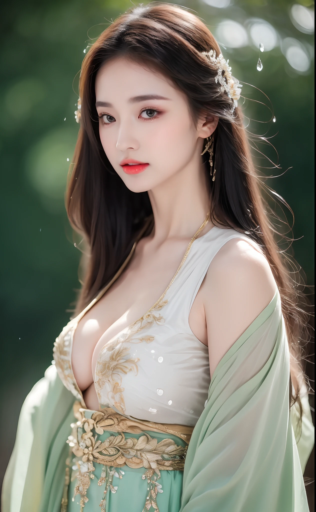 ((Best Quality, 8k, Masterpiece: 1.3)), Focus: 1.2, Perfect Body Beauty: 1.4, Buttocks: 1.2, ((Layered Haircut)), (Wet Clothes: 1.1), (Rain, Street:1.3), (Breasts: 1.2), (Hanfu: 1.2), Bare Shoulders, Bare Legs, Highly Detailed Face and Skin Texture, Fine Eyes, Double Eyelids, Whitened Skin, Long Hair, (Shut Up: 1.5), (Bokeh Background: 1.5), Big Breasts