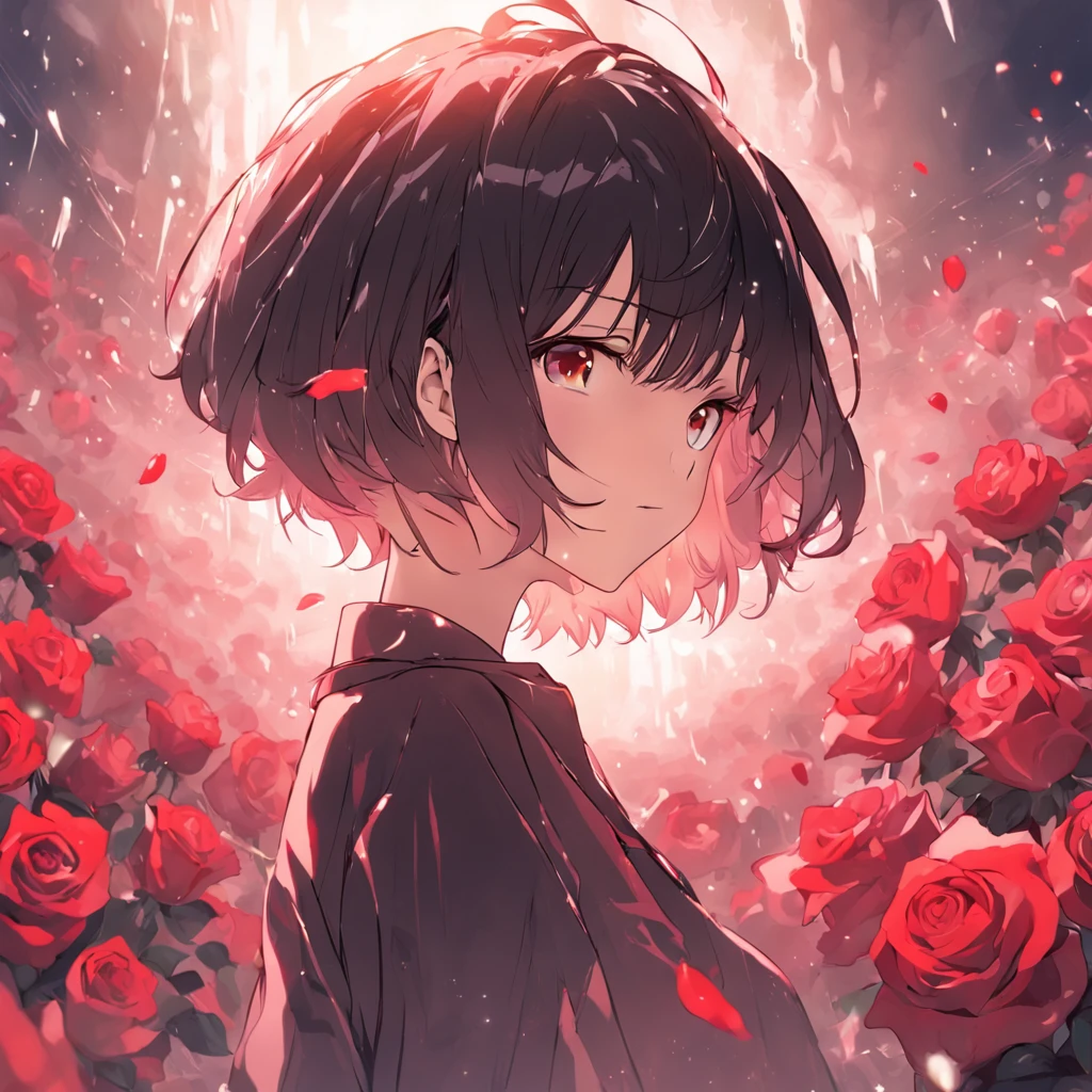 (Rose short hair girl)High-quality images depicted in detail,Dynamic pose,Focus on facial features,Roses as background,the Sun Shining,Black color hair,looking to the camera