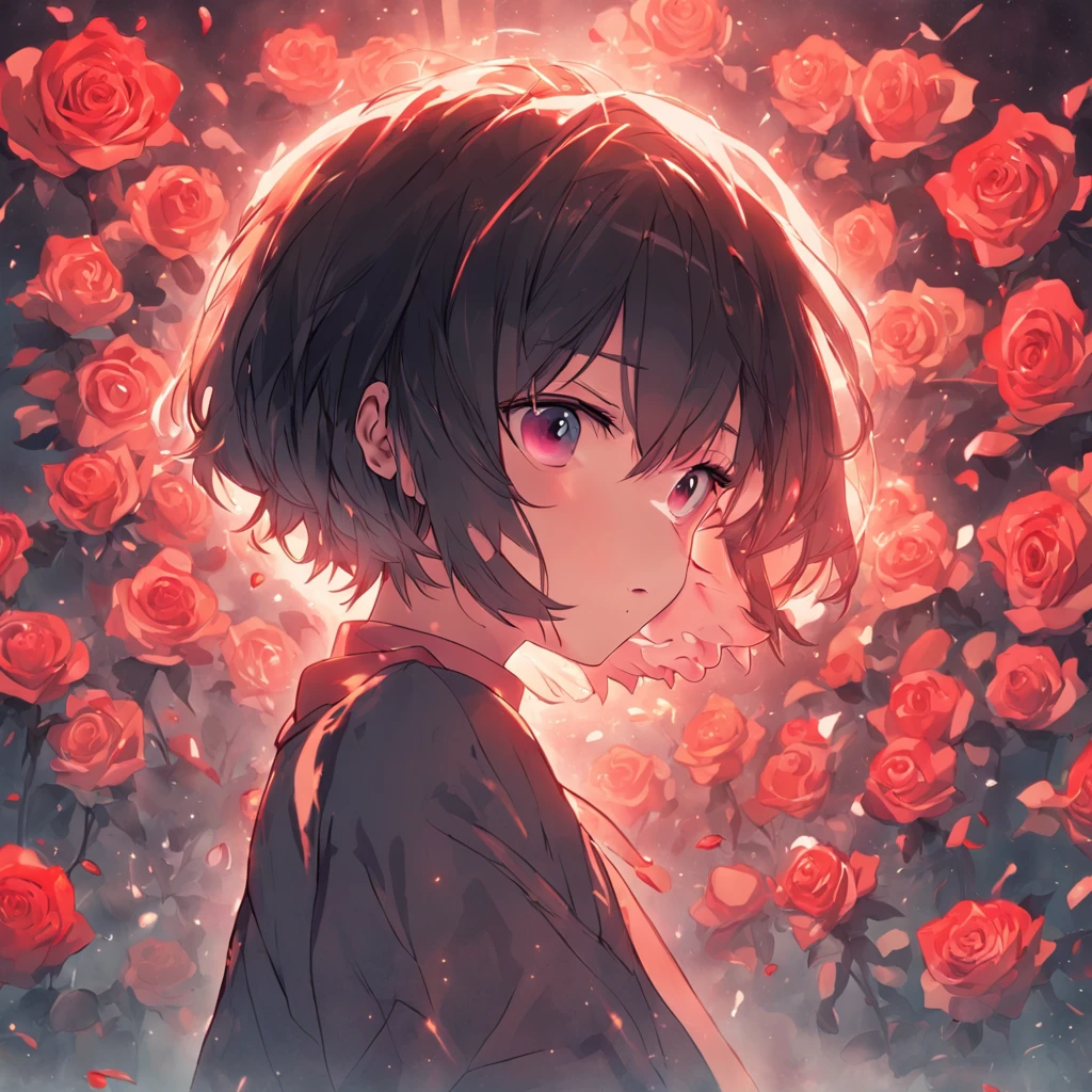 (Rose short hair girl)High-quality images depicted in detail,Dynamic pose,Focus on facial features,Roses as background,the Sun Shining,Black color hair,looking to the camera