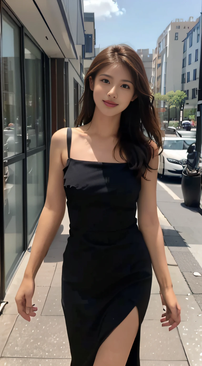 High resolution、high resolution、8k、Real Live Action、(((Tabletop:1.4, Highest quality:1.4)))、Physically Based Rendering, Portraiture, Super beautiful sexy woman, 18-year-old, Small, large eyes, Fine thin eyebrows, Eye highlights, Half-up dark brown hair, Highly detailed face and skin texture, Sharp focus, Clear focus:1.2, Slender beauty:1.4, ((Large Breasts:1.5)), Slim Abs, Oval Face, Lip gloss, Distinct facial features, A kind smile, Are standing、(((tight black dress)))、Lift the dress yourself, Exposing shoulders, No shoulder strap, No sleeve, No arm covers, ((European cobblestone road at night:1.4)), Warm street lights,(((Beautifully aligned and white teeth)))、Sparkling eyes、Sparkling eyes、Lip glossで輝く唇