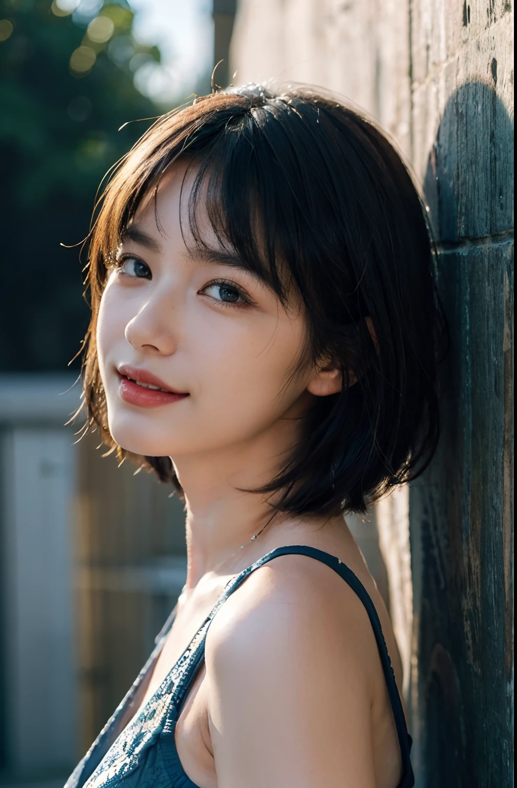 (A hyper-realistic), (illustratio), (hight resolution), (8K), (ighly detailed), (The best illustrations), (beatiful detailed eyes), (top-quality), (ultra-detailliert), (masterpiece), (wall-paper), (detailed face), drooing eyes,full of sweat,Upper body close-up,short-hair,inner colored,Girl in simple blue underwear, japanes, Colossal tits、A smile, concrete background