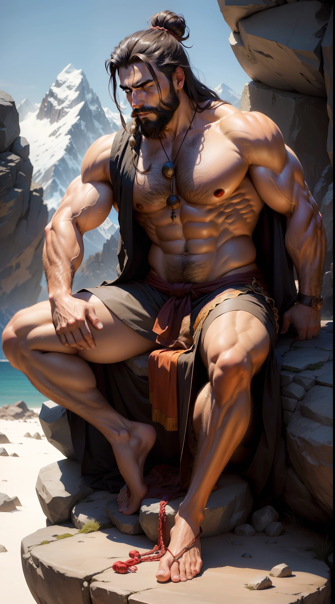 A handsome man, a yogi,  long sharp nose, eyes closed, long hair tied in a bun, long black beard, shirtless, robust, a huge axe standing near his feet, a neckless of beads around the neck, sitting on stone with legs folded, meditative pose, hands on knees in dhyaan mudra, wearing a dhoti made of tigerskin, sitting on a rock, a large axe placed at his feet, snowcapped mountains on the background, photorealistic, detailed, art form by Louis Royo, Boris Vallejo, Frank Frazetta