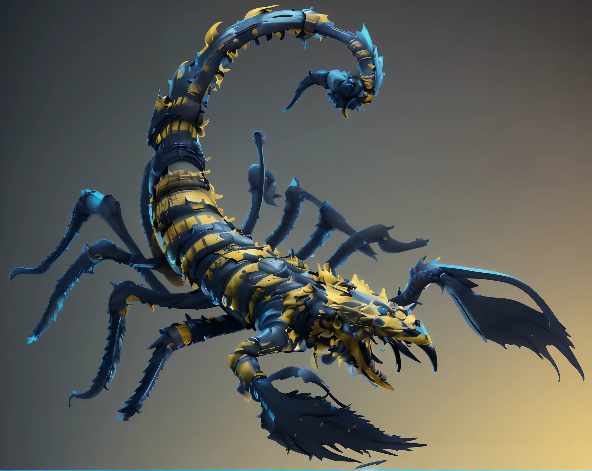 An ultra-realistic yellow illustration with 3D rendering, SCORPIO YELLOW and blue with many blue details and blue stripes