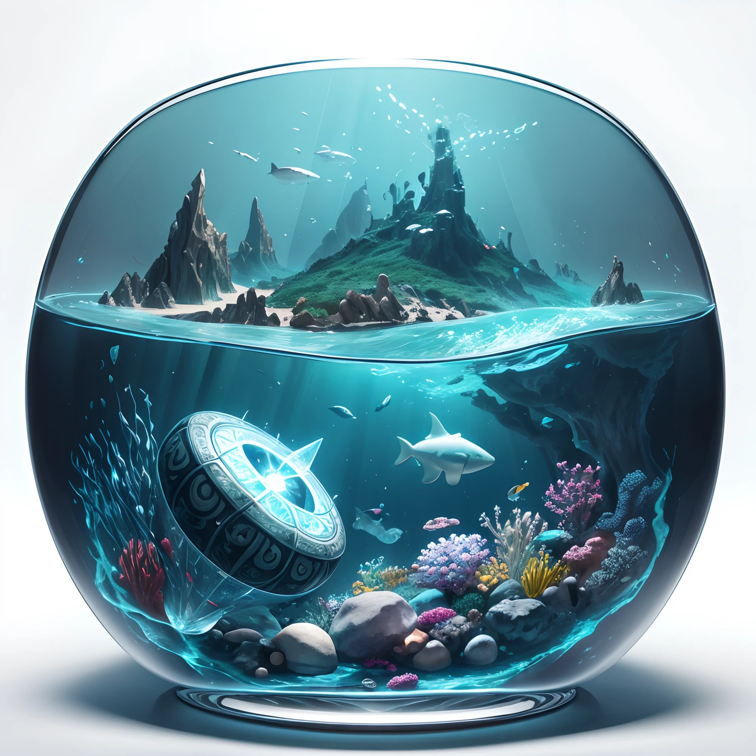 A heart with a living ocean inside, heart with an ocean inside, Living ocean inside a surrealist heart, Arte de Fantasia, fundo branco, fundo branco Cinema 4D, tinta escura, polido, Beautiful, Colouring, intrincado, Eldritch, Ethereal, Vibrando, surrealismo, surrealismo, vray, Nvdia Ray Tracing, Cryengine, magia, 4k, 8k, master part, cristal,