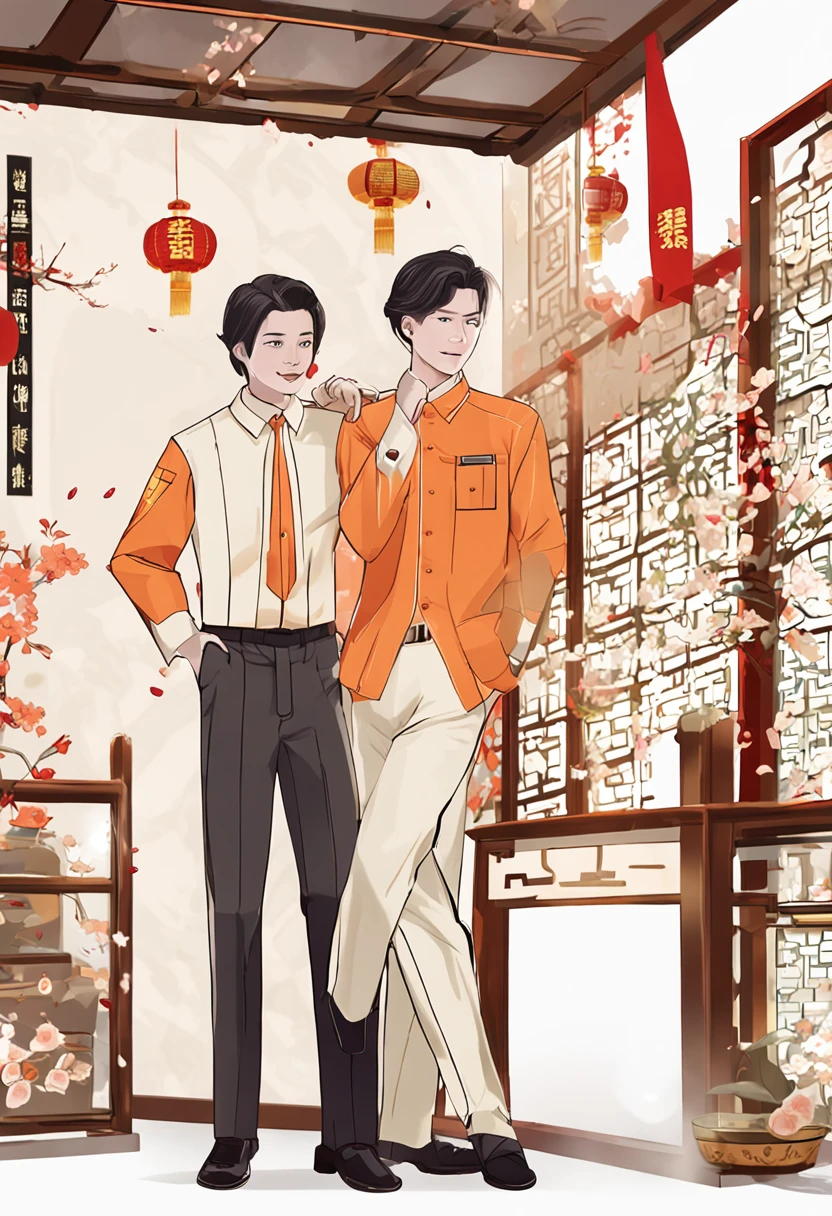 New Chinese shirt design,A fusion of tradition and modernity,Highlight the professionalism and elegance of the service industry。Attention to detail in the design of the uniforms,The overall style is simple and generous,The colors are mainly orange and yellow,The shirt style is cut for a comfortable fit,The details are embellished with traditional Chinese elements,Show the charm of traditional Chinese culture。