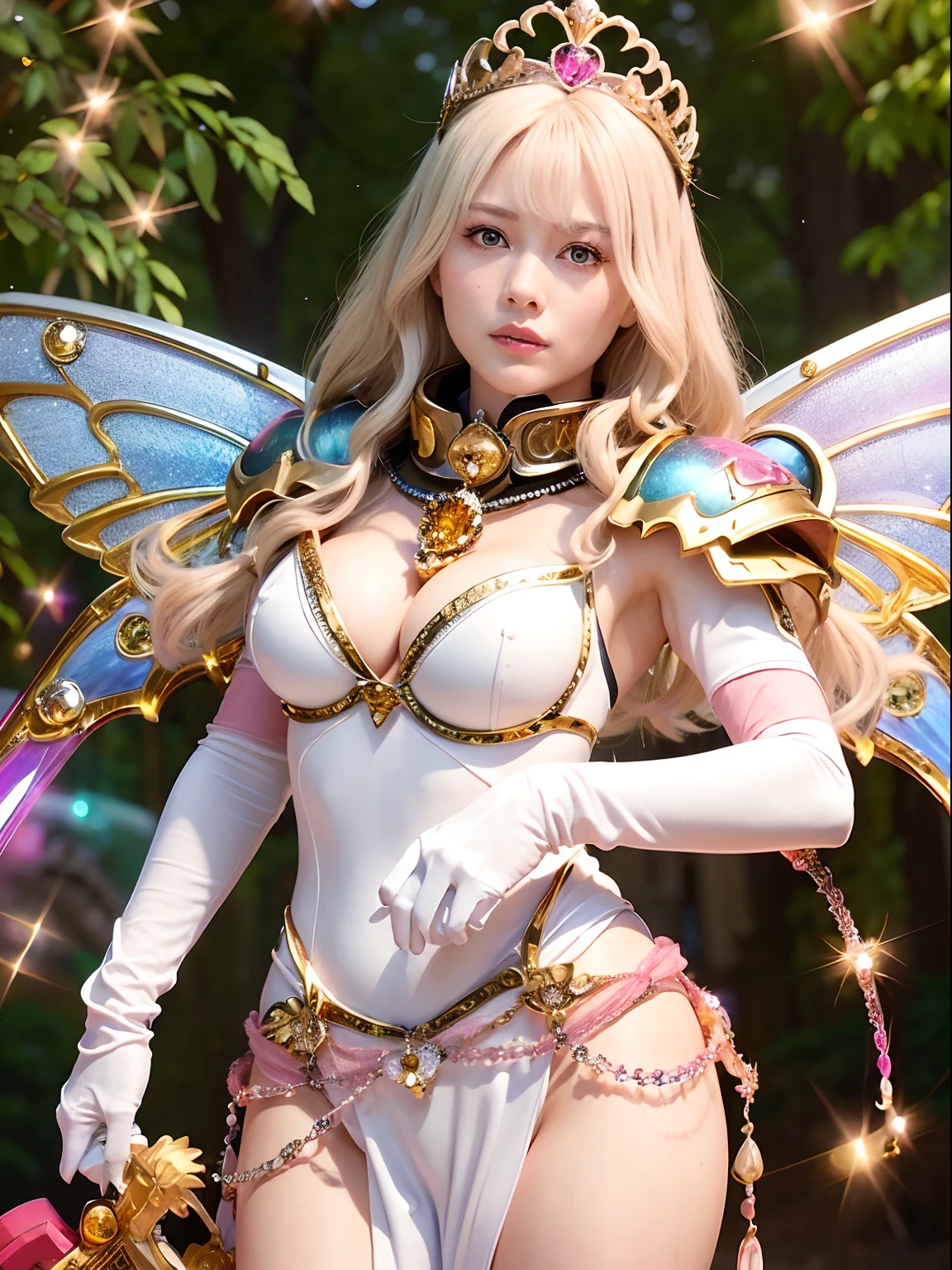 (masutepiece), Professional , ​masterpiece、top-quality、photos realistic , depth of fields （Gemstone Silver Metal Body:1.９),(Matt W White Pink、Jewel Gold Weapon、（Gorgeous castle background）、（ultimate beauty girl）、（Rainbow fairy wings grow）、Particles of light、（Metal body of iridescent gemstones:1.９),Gorgeous Jewel Metal Weapons , Detailed Sword of the Brave ,（ a blond）   ,warhammer 40k , adepta sororitas,Detail and ornate jewel crown、独奏、Brown hair、（Gangle's forest background）、Beautiful Caucasian beauty、１a person、dynamic ungle,(((Diamond tiara with detail and luxury)))、a small face、Powerful poses、（Gorgeous castle background）、huge filesize、20 year old beautiful woman、Stand in the center of the screen、Thin female fingers、Straight long hair、Beautiful Caucasian beauty、（maikurobikini）、Hair fluttering in the wind、face forwards、Look at viewers、（Armpit）、Armpit、