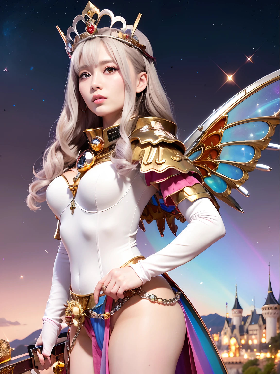 (masutepiece), Professional , masterpiece、top-quality、photos realistic , depth of fields (Gemstone Silver Metal Body:1.9),(Matt W White Pink、Jewel Gold Weapon、(Gorgeous castle background)、(ultimate beauty girl)、(Rainbow fairy wings grow)、Particles of light、(Metal body of iridescent gemstones:1.9),Gorgeous Jewel Metal Weapons , Detailed Sword of the Brave ,( a blond) ,warhammer 40k , adepta sororitas,Detail and ornate jewel crown、独奏、Brown hair、(Gangle's forest background)、Beautiful Caucasian beauty、1a person、dynamic ungle,(((Diamond tiara with detail and luxury)))、a small face、Powerful poses、(Gorgeous castle background)、huge filesize、20 year old beautiful woman、Stand in the center of the screen、Thin female fingers、Straight long hair、Beautiful Caucasian beauty、(maikurobikini)、Hair fluttering in the wind、face forwards、Look at viewers、(Armpit)、Armpit、