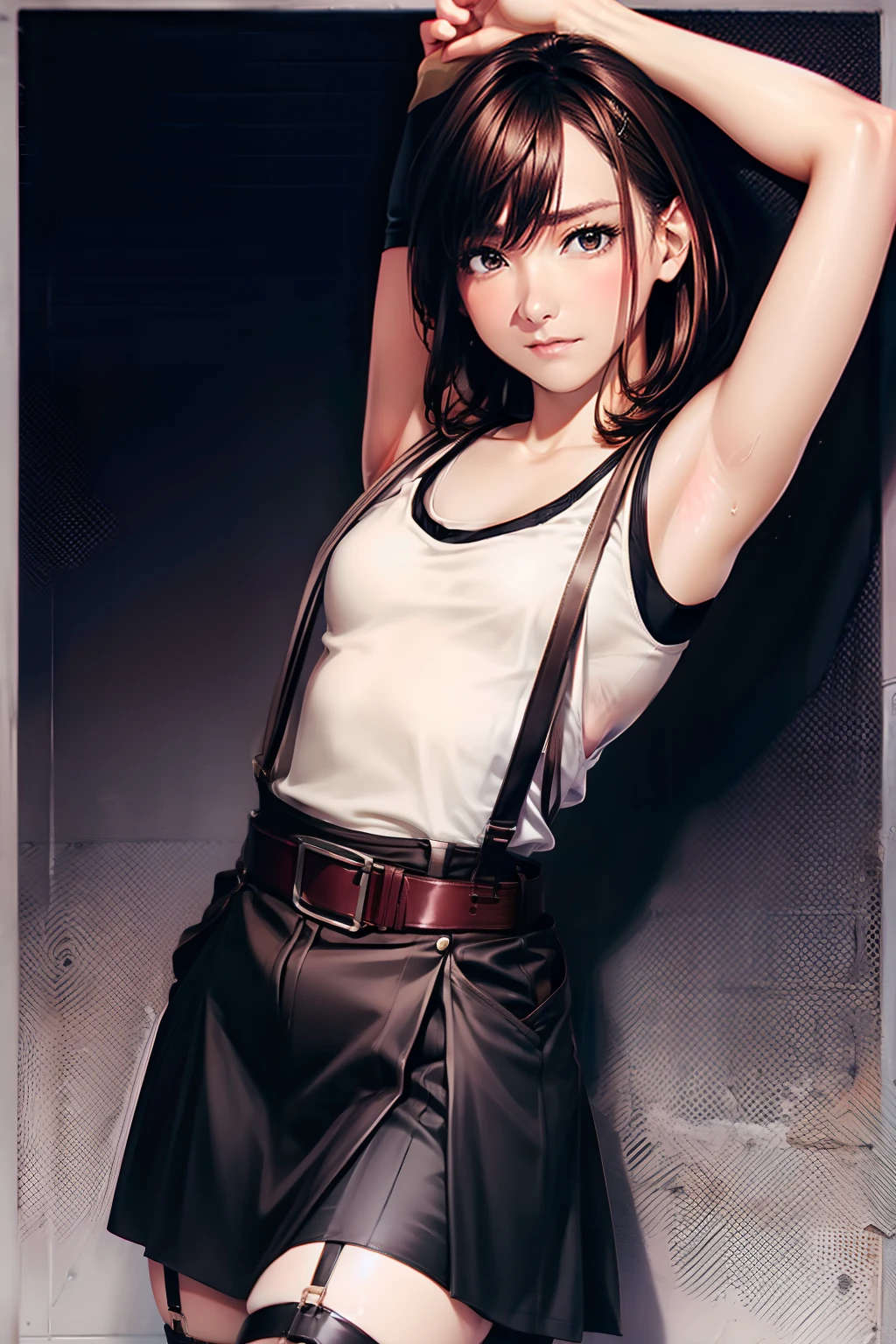a black skirt, Tank tops suspenders, Brown hair short, Gray eyes, holster, Garter belt on the legs, moderate chest and tight clothes, a belt Armpit sweat deadpan