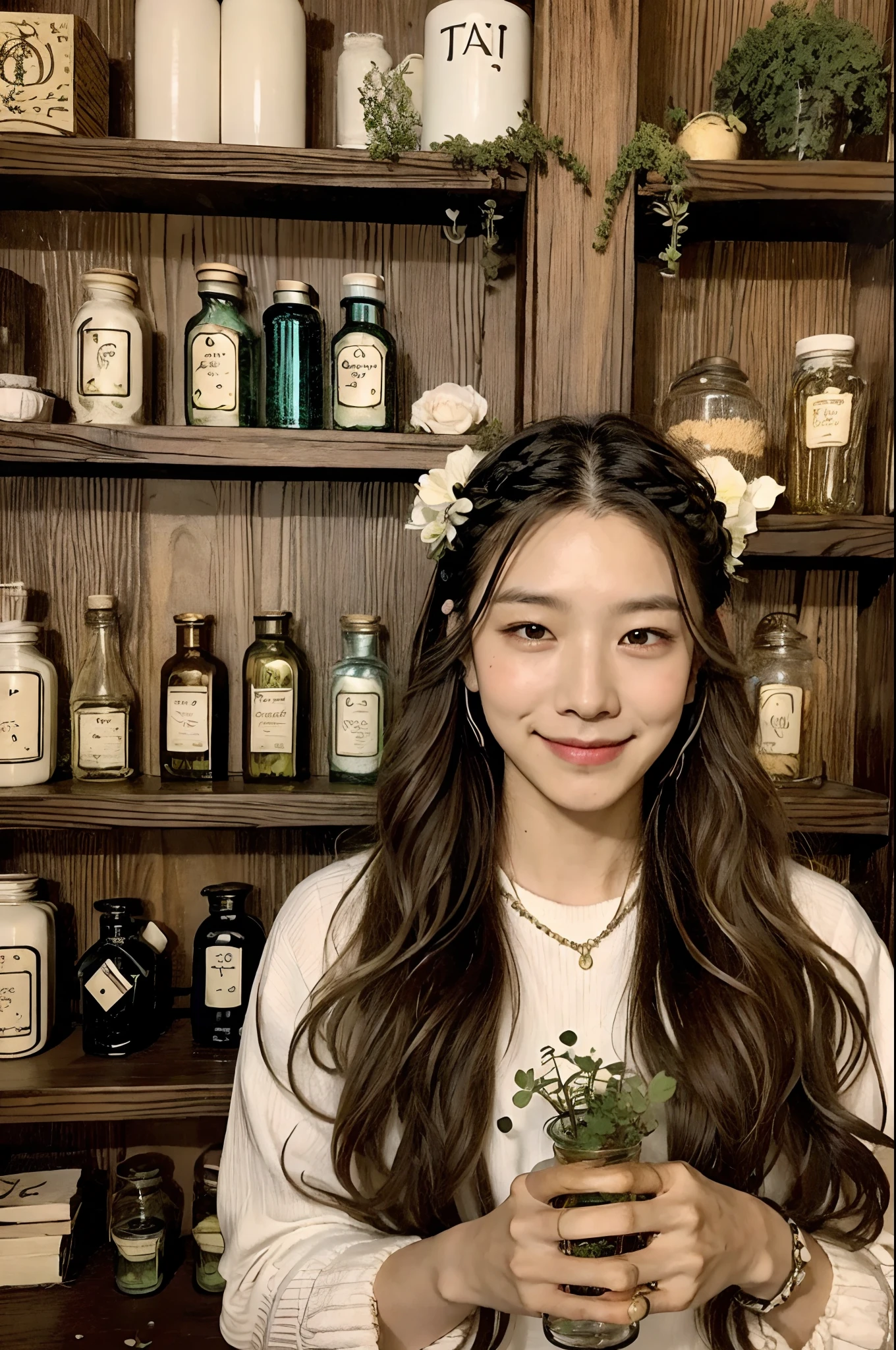 tarot cards, Therapist, 1 man, hair adornments, Long messy hair, Gentle smile, Bottled herbs, making a potion, Beautiful lighting, godrays, potion bottle, shelves, water, Flowers