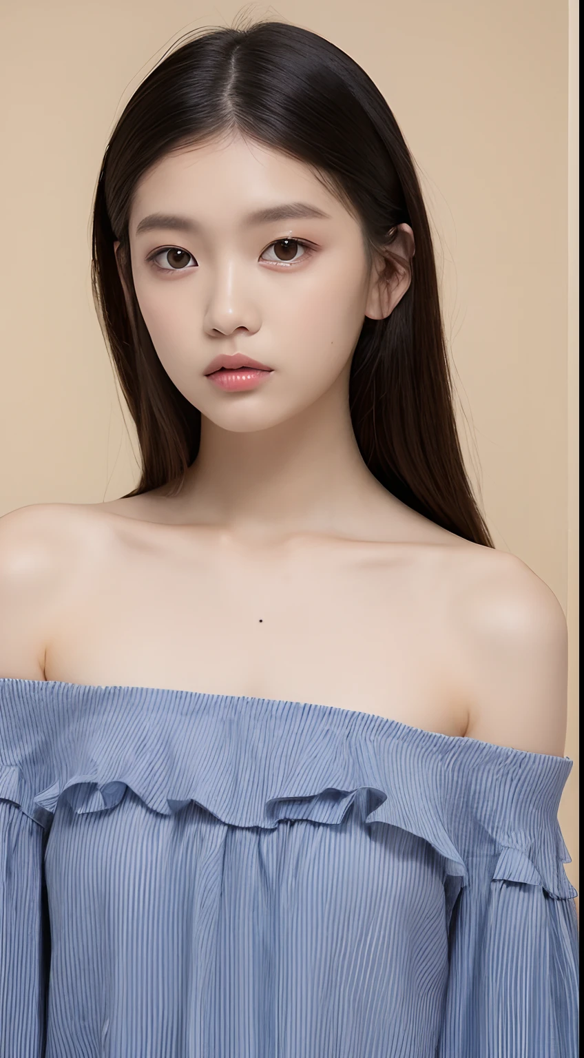 one Australian model ,Unique details, off shoulder frilly blouse, Near future, Curvilinear details , double eyelid, simple background