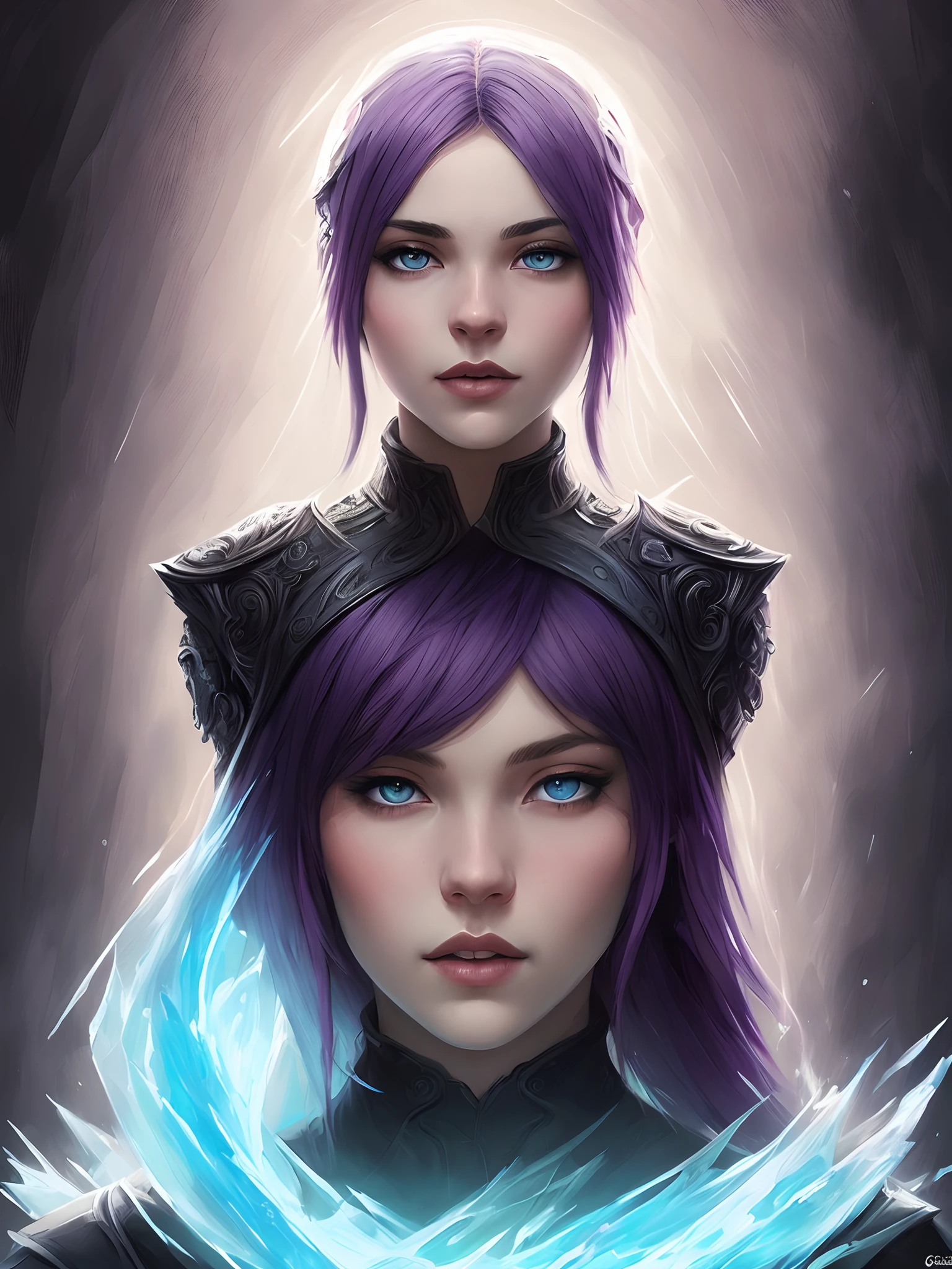 A purple-haired and blue-eyed goddess of ice surrounded her, Black lace , full bodyesbian, nice perfect face with soft skinice perfect face, riding a motorcycle, Concept art portrait by Greg rutkowski, Art germ, Ultra-detailed and intricate Gothic art trends in Artstation ternary colors, Fantastical, intricately details, Splash screen, Complementary colors, fantasy concept art, 8K resolution, Deviantart's masterpiece, Oil painting, Heavy strokes,