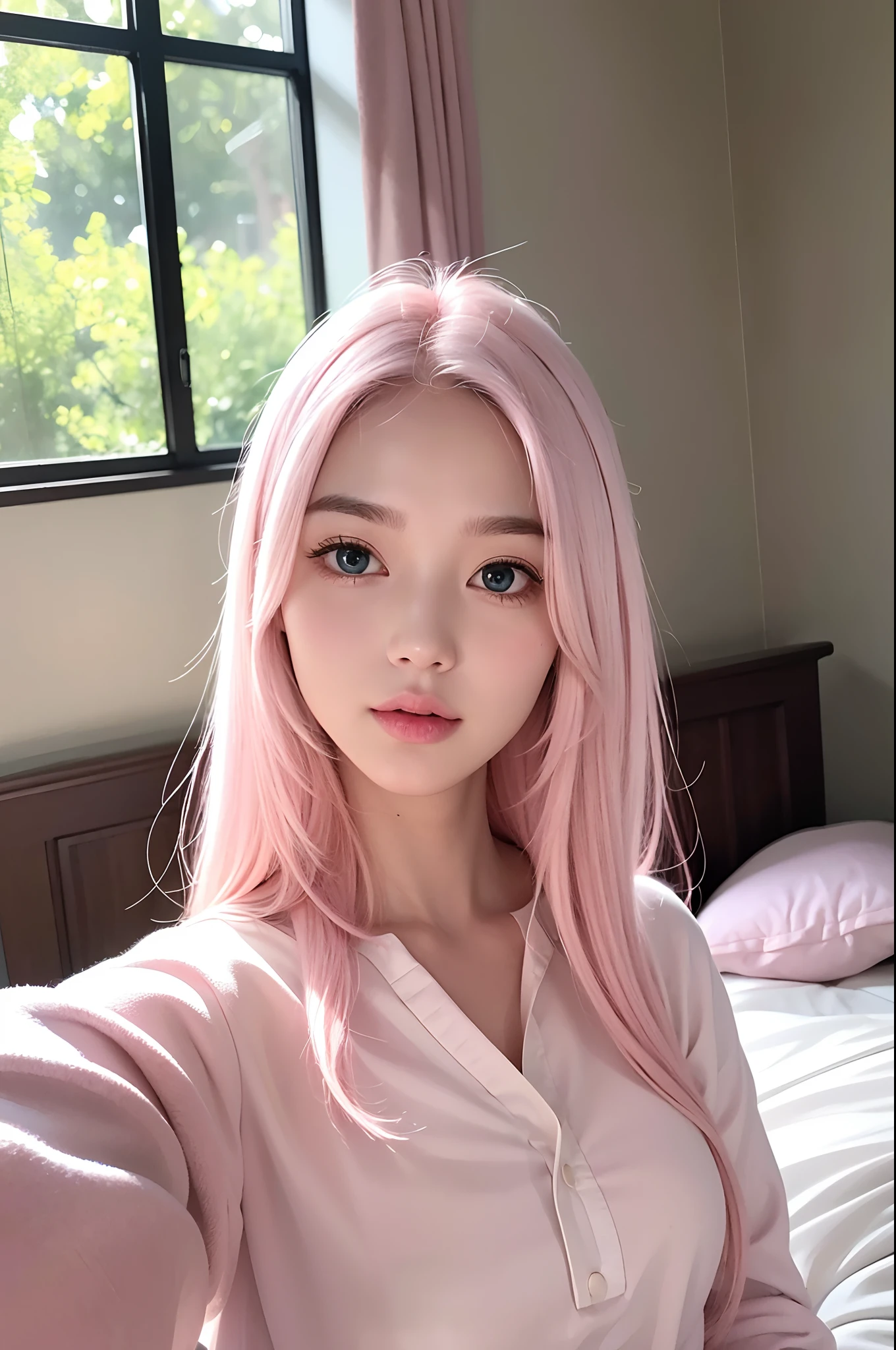 (masterpiece), (high quality), (8k resolution), (RAW photo), (best quality), (masterpiece:1.5), (realistic:1.5), ((photo realistic)), vibrant details, hyper realistic,1girl, (cute:1.2), beautiful, high-quality and detailed face, perfect face, (white hair And light pink hair:1.4), rosy cheeks, detailed eyes, (blue eyes),colorful eyes,(watery eyes),nsfw,, slender body, looking at viewer, closed mouth, real human skin, shiny skin, mid breasts, ((school uniform)), sitting, bed,