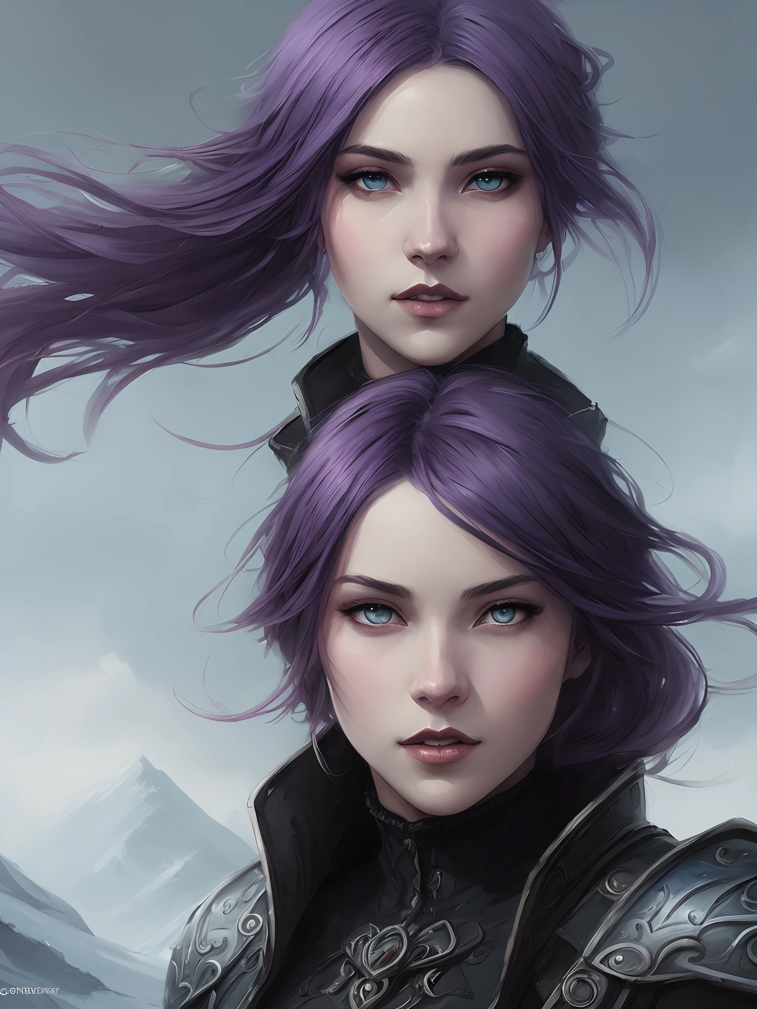 A purple-haired and blue-eyed goddess of ice surrounded her, Black lace , full bodyesbian, nice perfect face with soft skinice perfect face, riding a motorcycle, Concept art portrait by Greg rutkowski, Art germ, Ultra-detailed and intricate Gothic art trends in Artstation ternary colors, Fantastical, intricately details, Splash screen, Complementary colors, fantasy concept art, 8K resolution, Deviantart's masterpiece, Oil painting, Heavy strokes,